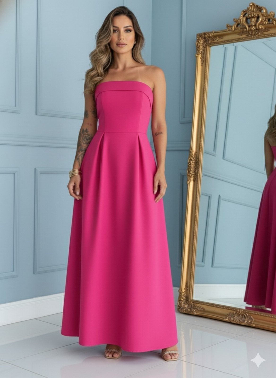 Imagem principal Vestido Longo com Pregas Decote Reto Festa Madrinha Casamento Linho Misto FS CONCEPT pink