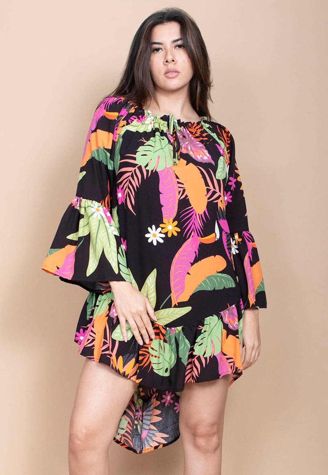 Imagem principal Vestido Curto Cabanafree Viscose Com Babados Estampa Noite Botãnica Cabanafree estampado/laranja/rosa/verde