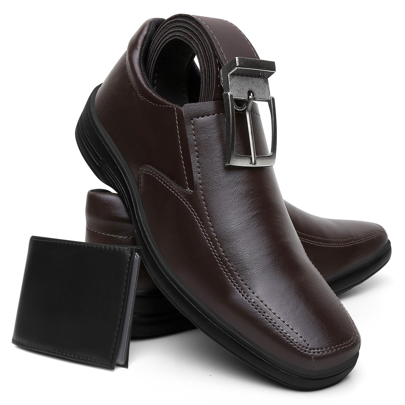 Imagem principal Kit Sapato Masculino Social Anna Andrade Casual Conforto Macio Bico Quadrado Cinto e Carteira Anna Andrade café