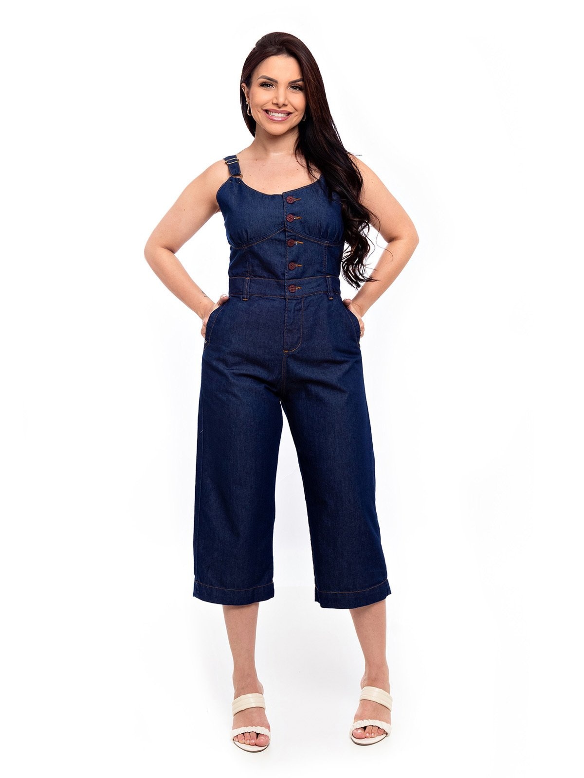 Imagem principal Macacão Pantacourt Restrito Jeans Com Botões ESCURO Restrito Jeans azul