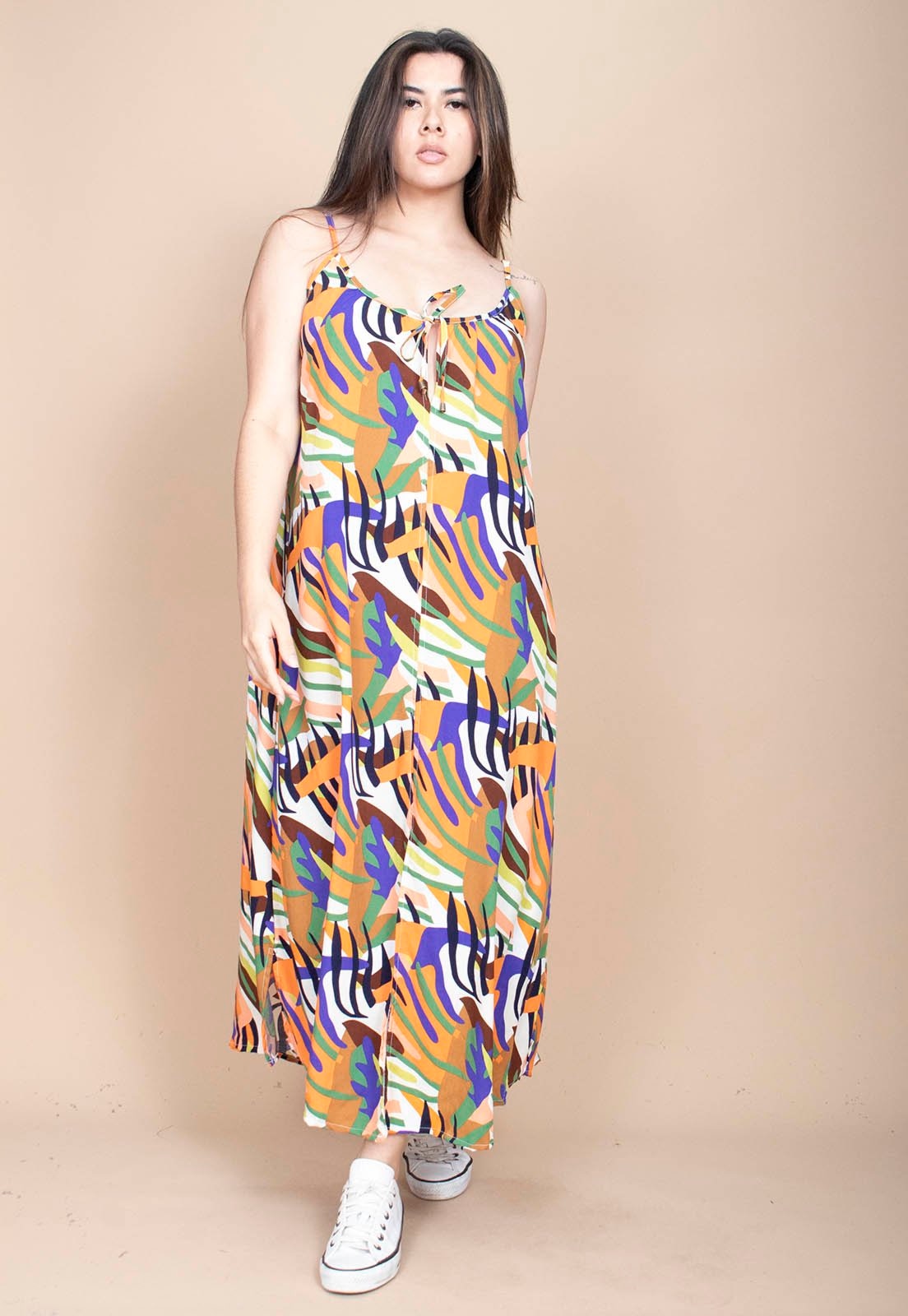 Imagem principal Vestido Longo Cabanafree Caçuá Viscose Alça Fina Estampa Cores Vibrantes Cabanafree estampado/laranja/preto/verde