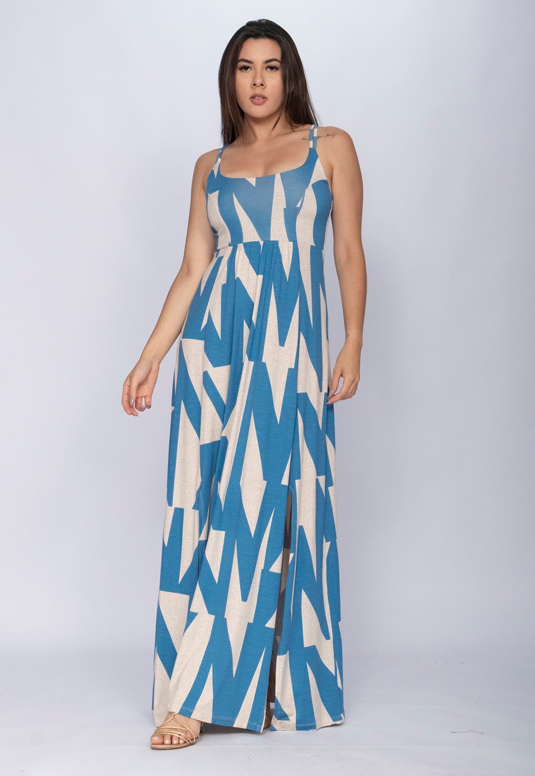 Imagem principal Vestido CabanaFree Longo Jambo Malha Aberturas Geométrico Cabanafree azul/estampado azul