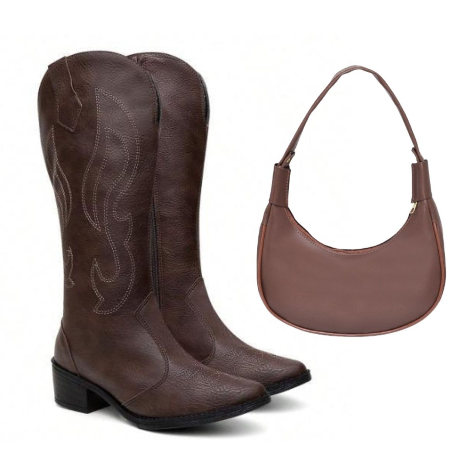 Imagem principal Kit Bota Feminina Cano Alto Anna Andrade Western Bico Fino Texana Bordada Salto Baixo Bolsa Anna Andrade café