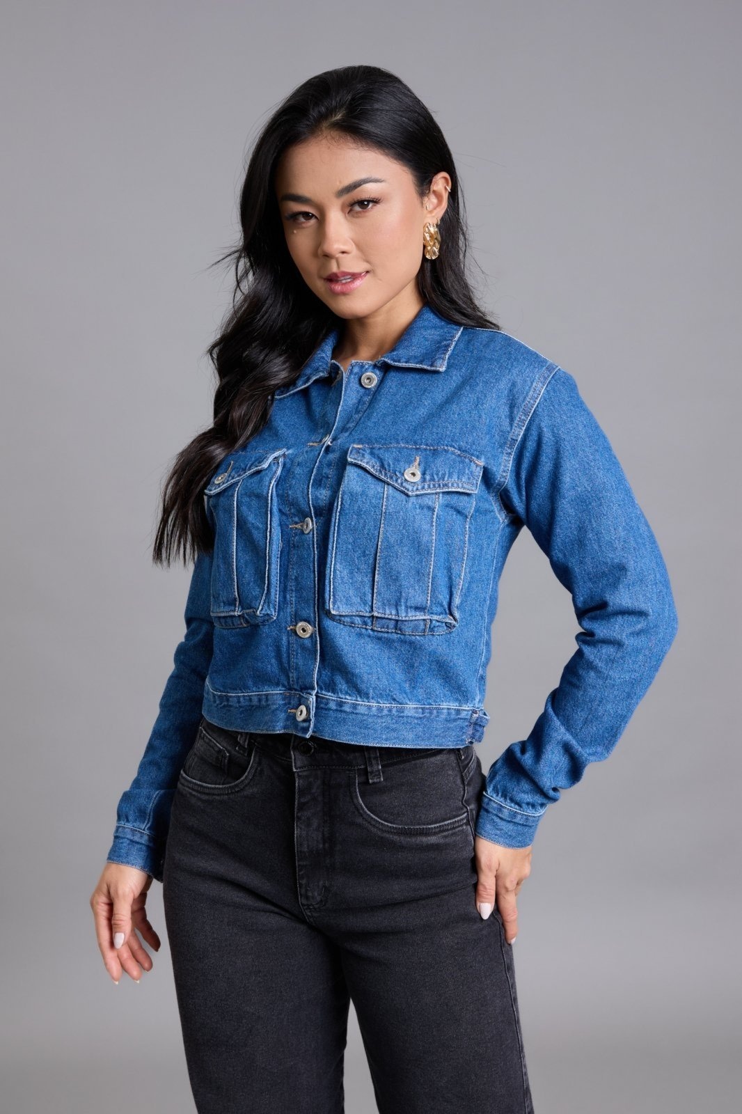 Imagem principal Jaqueta Jeans Cropped Feminina com Botões Lemier Collection LEMIER azul
