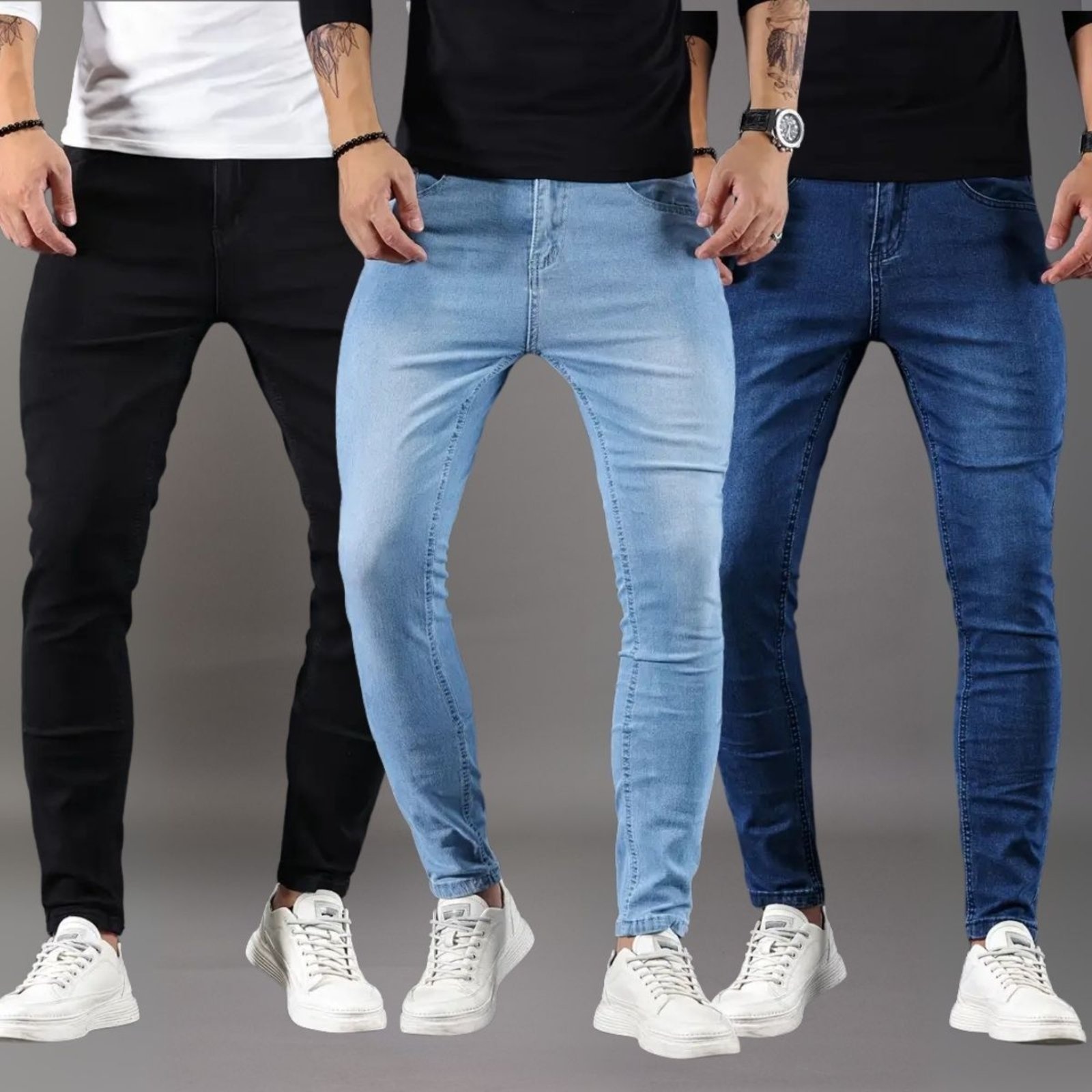 Imagem principal Kit 3 Calças Jeans Masculina Skinny Casual Premium Confortável com Elastano e Preto KOVALI FASHION STORE azul/azul marinho/preto azul