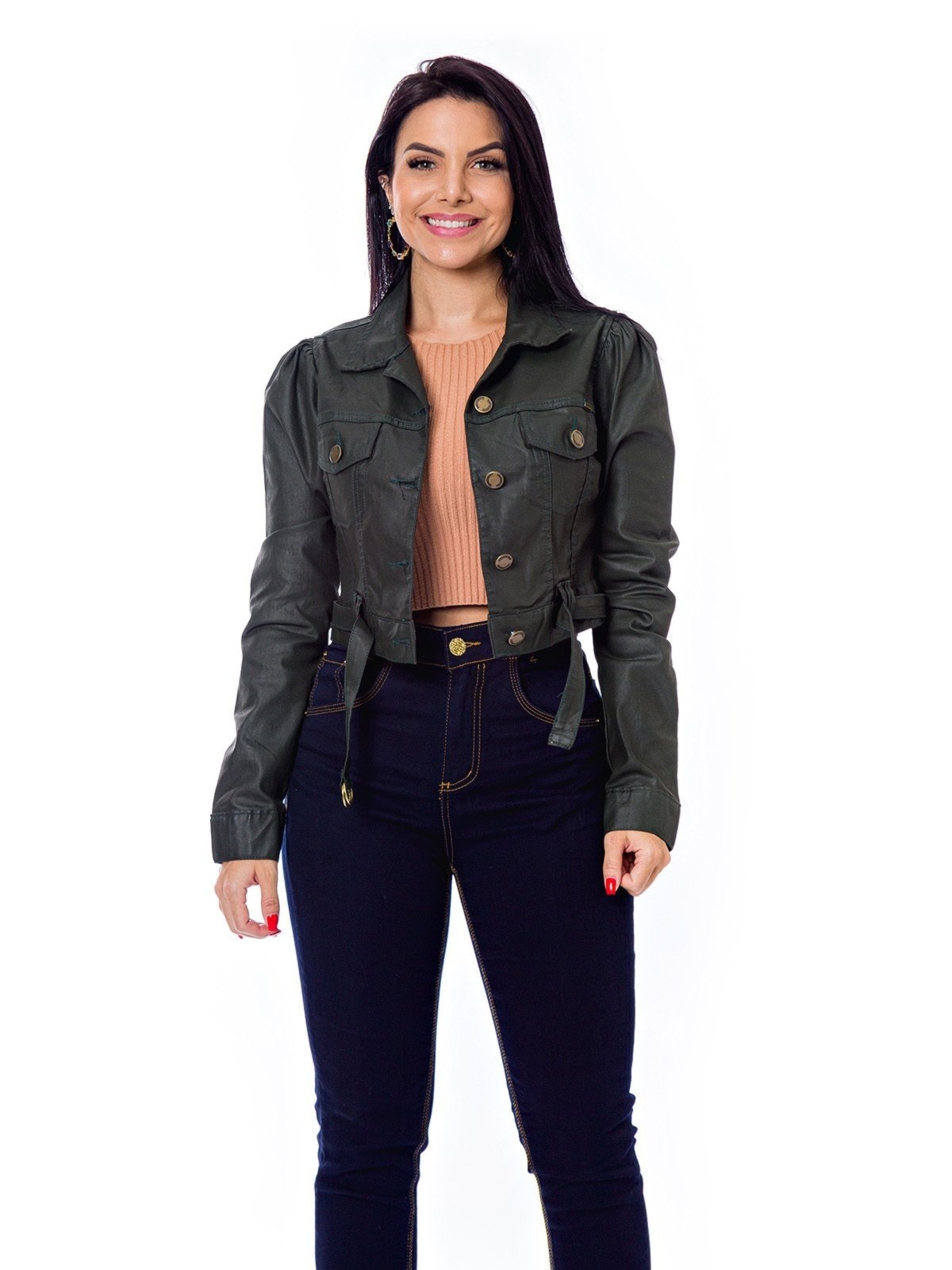 Imagem principal Jaqueta Restrito Jeans Resinada Premium com Botões e Cinto - Militar Restrito Jeans verde militar