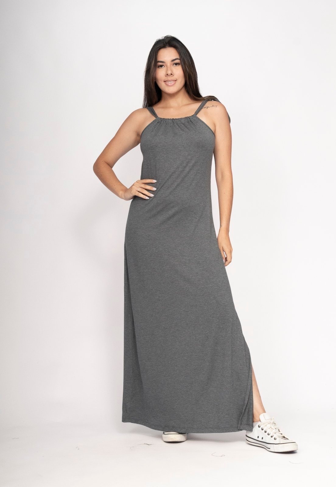 Imagem principal Vestido CabanaFree Capotira Longo Malha Alça Ajustável Mescla Cabanafree cinza