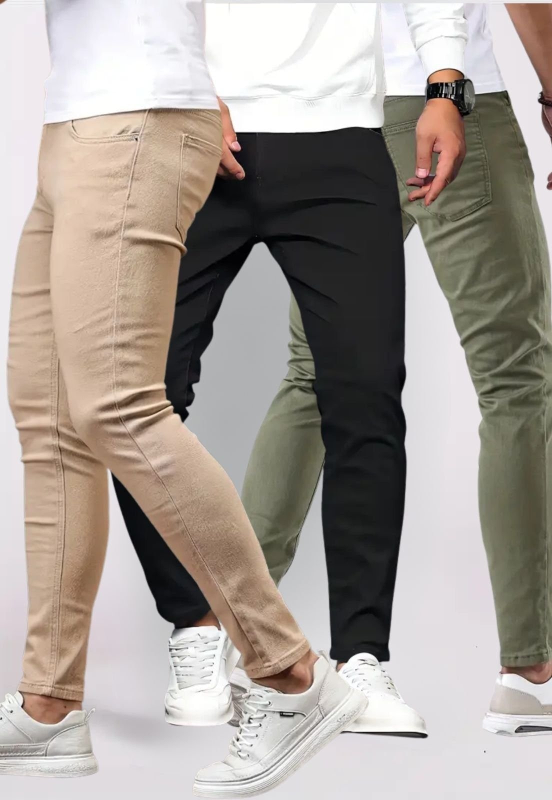 Imagem principal Kit 3 Calça Masculina Tempo Hábil Bege e Preto Sarja Corte Tradicional 5 Estilo verde