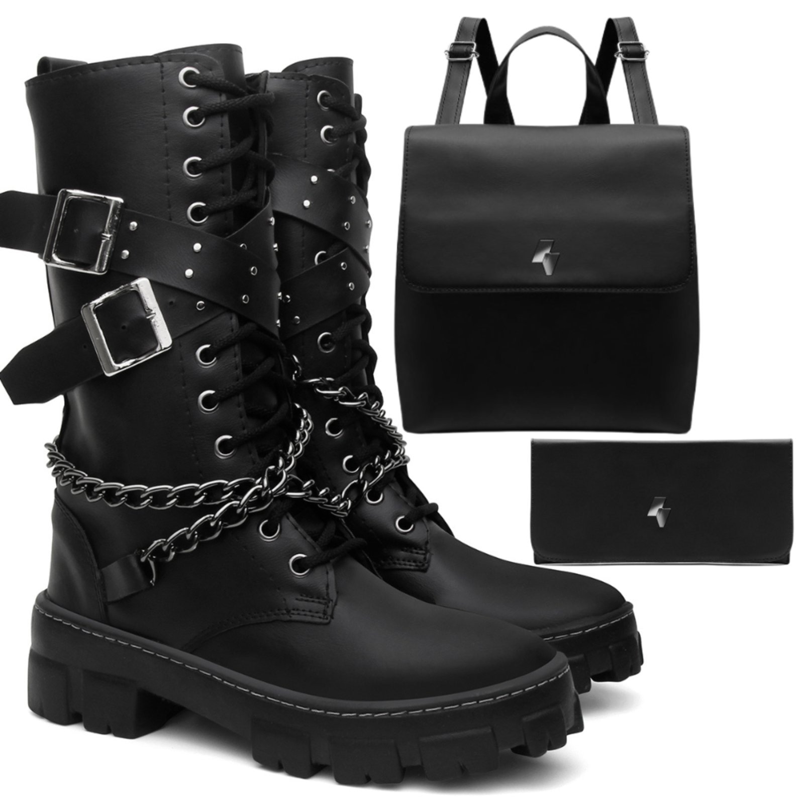 Imagem principal Kit Bota Feminina Veritimo Coturno Cano Alto Sola Tratorada Robusto Bolsa e Carteira Veritimo preto