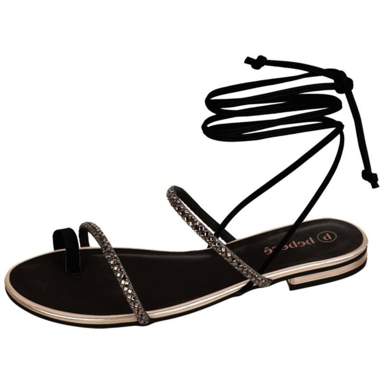 Imagem principal Sandália Feminina Rasteira Amarração Preta Brilho Conforto Santa Rosa preto