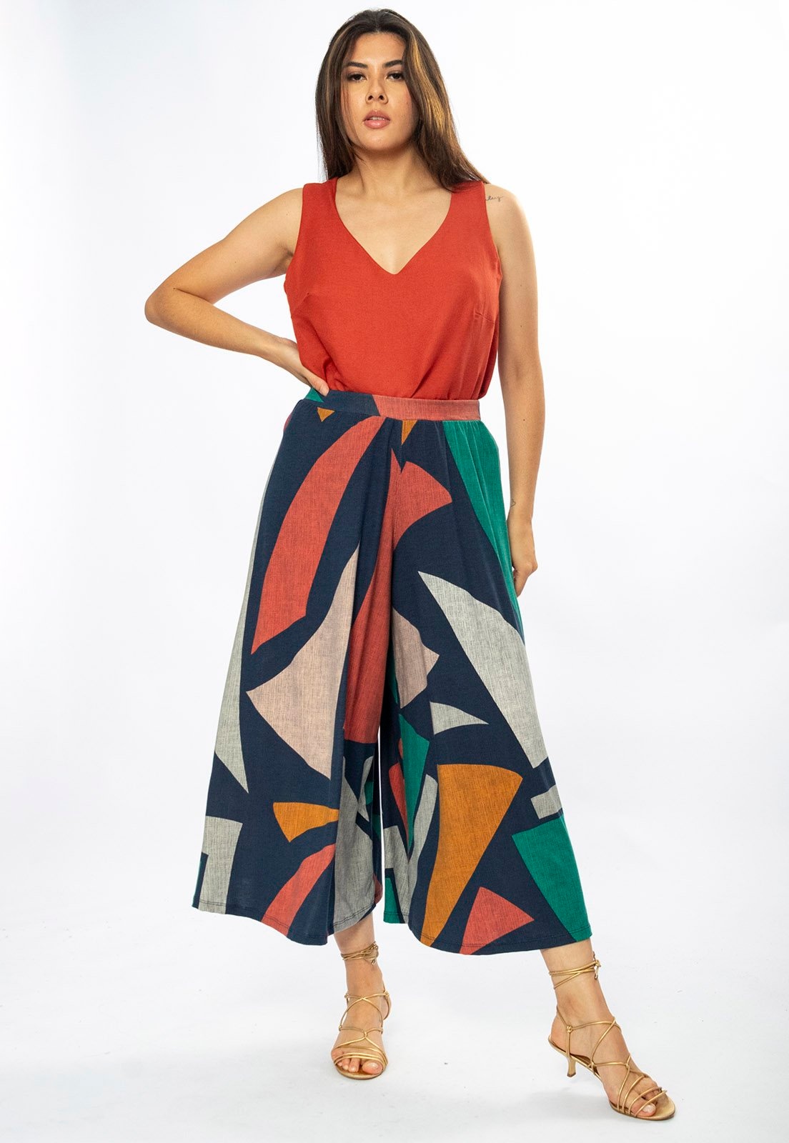 Imagem principal Calça Amazonia Vital Pantacourt Saia Malha Macaúba Estampa Geometrias do Tempo Amazonia Vital azul marinho/cinza/estampado/laranja/verde