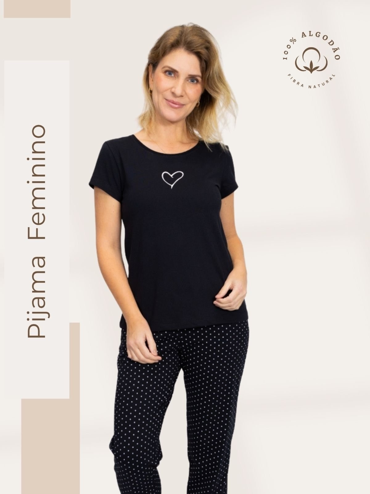 Imagem principal Pijama Algodão Feminino Blusa Manga Curta e Calça Inverno Adulto Coração Piante preto