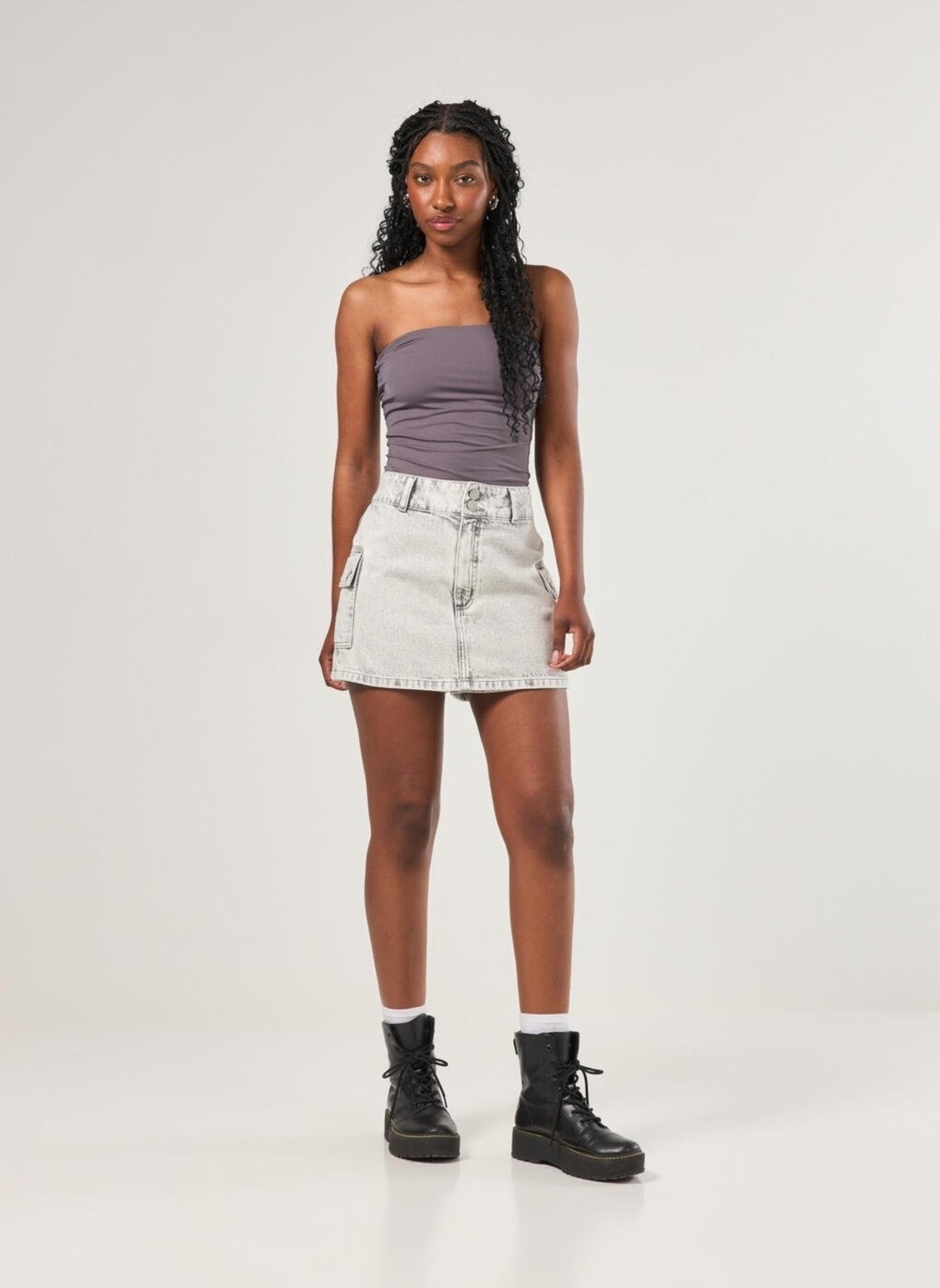 Imagem principal Short Saia Jeans Cargo Cintura Alta Youcom cinza