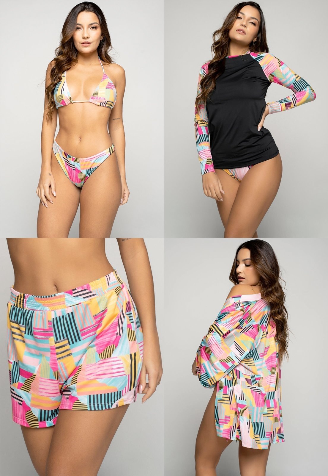 Imagem principal Combo Vicbela Biquini Cortininha Calcinha Comum + Blusa Feminina Segunda Pele Proteção UV 50+ Manga Longa + Short Curto + Saída de Praia Kimono Moda Praia Verão Vicbela amarelo/estampado/preto