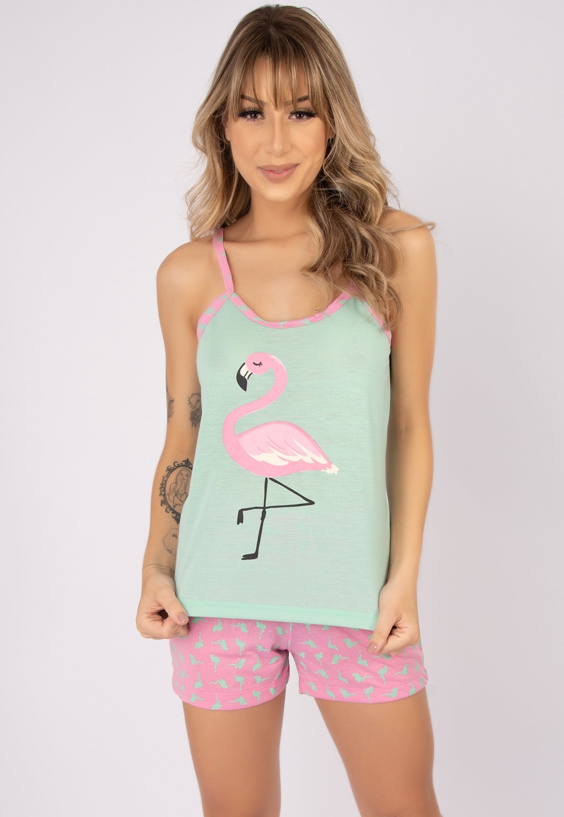 Imagem principal Baby Doll WLS Modas Pijama Curto Verão Flamingo Claro WLS Modas verde