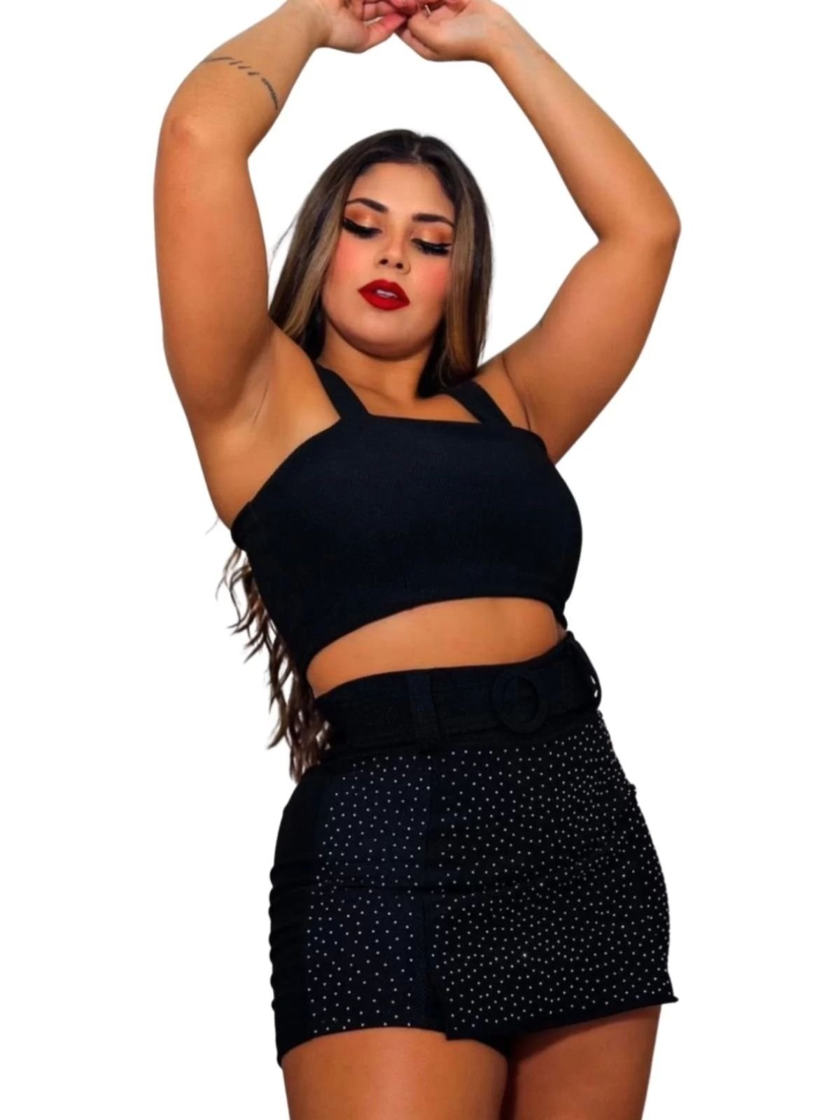 Imagem principal Shorts saia Summer Body com cinto detalhes pedraria brilho e fenda Summer Body preto