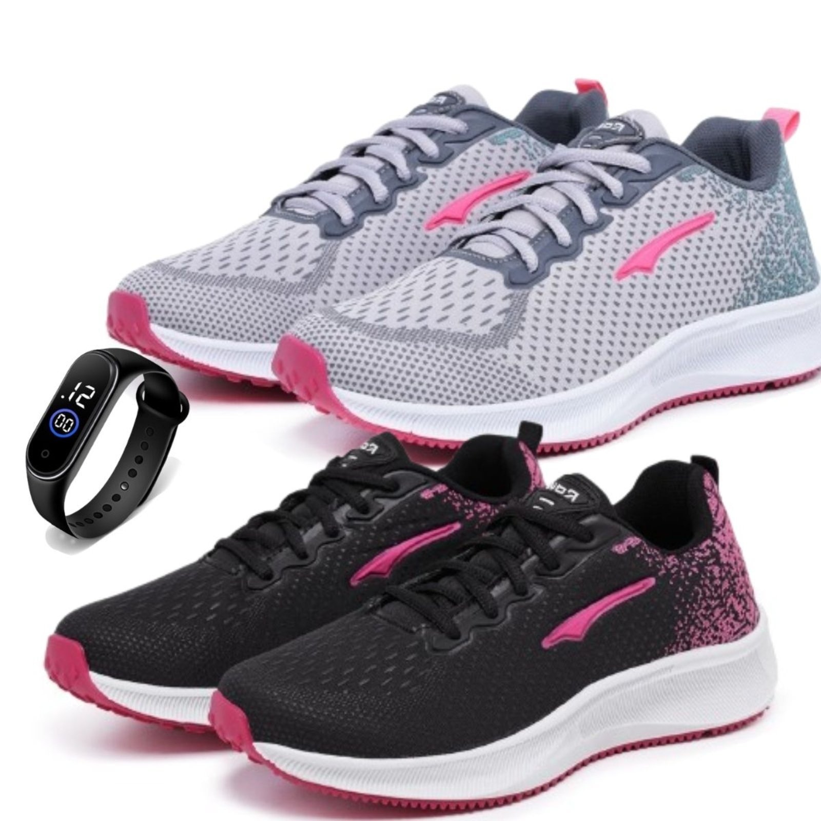 Imagem principal Kit 2 Tênis Femininos Ortopédicos Esportivos para Academia Treino Corrida + Relógio Led Bia Ramos cinza/preto