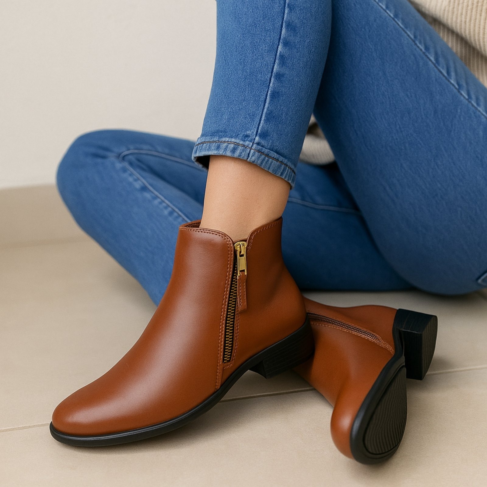 Imagem principal Bota Feminina Cano Curto Yes Basic Salto Baixo Ziper Lateral em Couro Yes Basic marrom