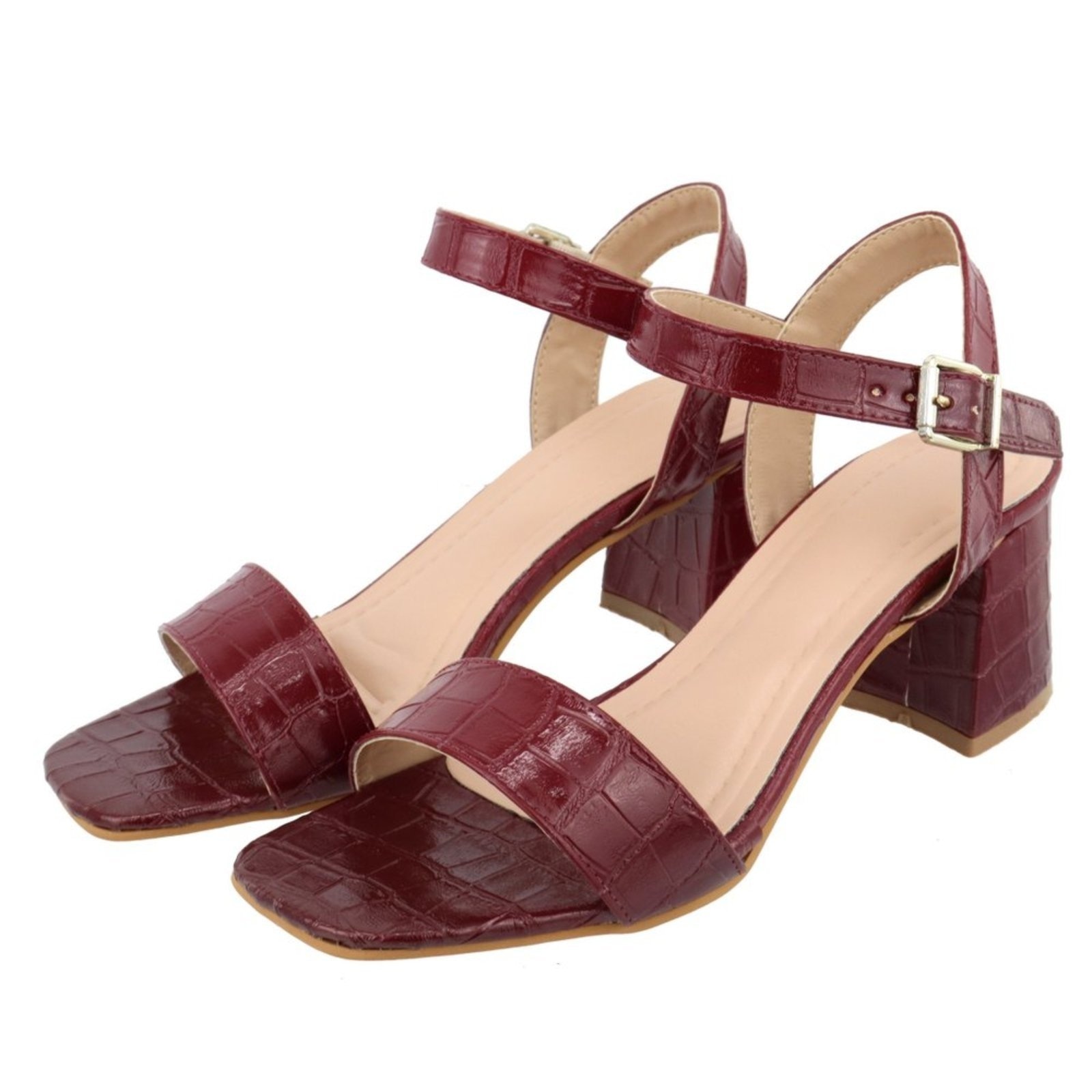 Imagem principal Sandalia Feminina Aberta Tira Em Croco Marsala Salto Bloco 80020 Flor da Pele roxo