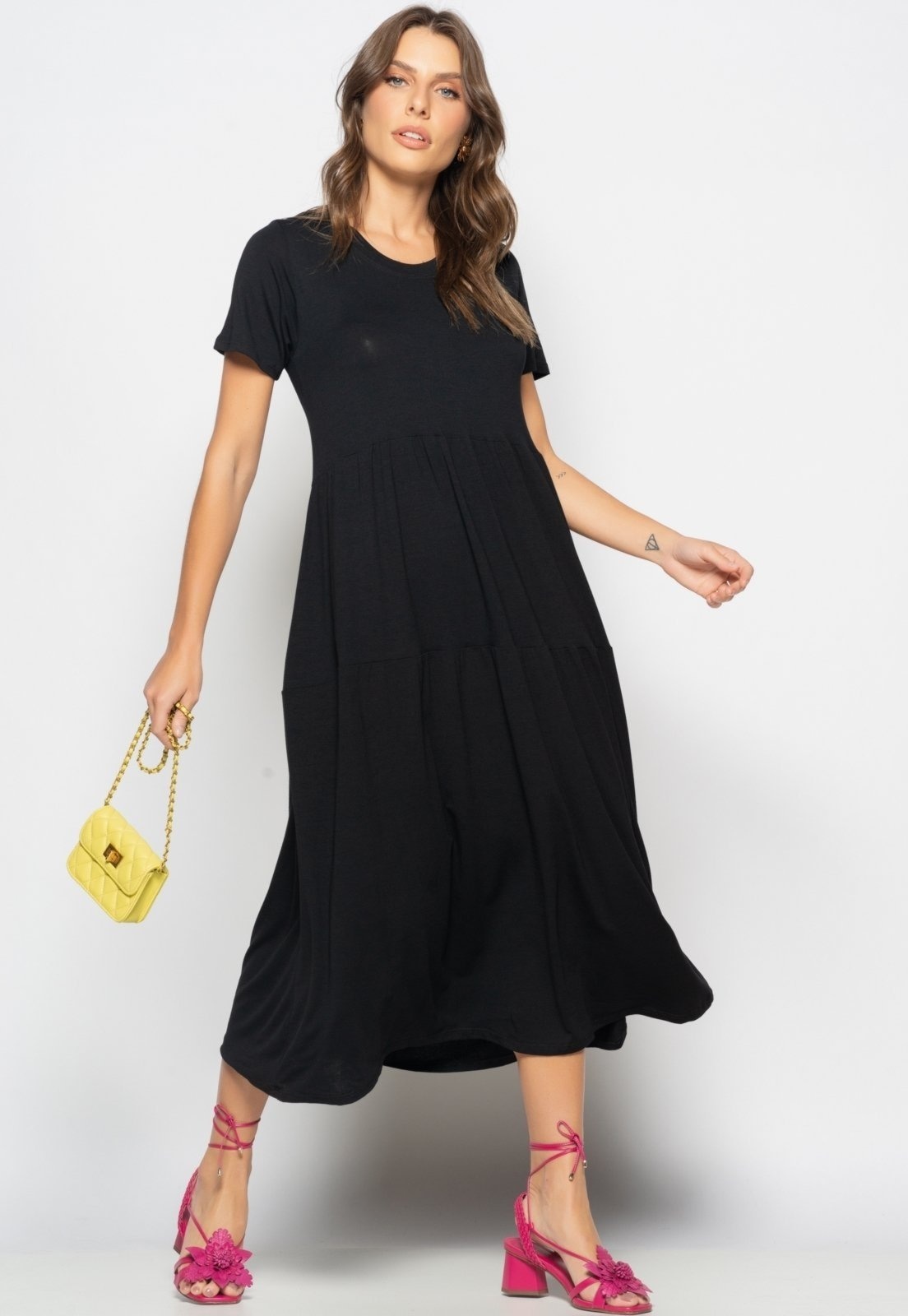 Imagem principal Vestido Midi Manga Curta Com Babado Salvatore Salvatore Fashion preto