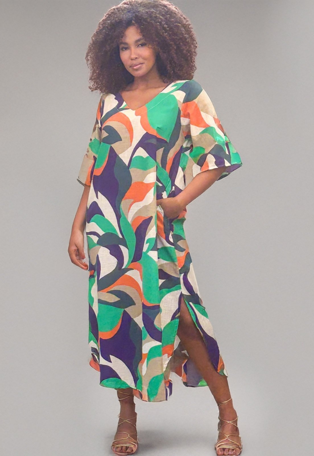 Imagem principal Vestido Cabanafree Midi Abapã Plano com Bolso Estampa Brisa do Mar Cabanafree azul/estampado/laranja/off-white