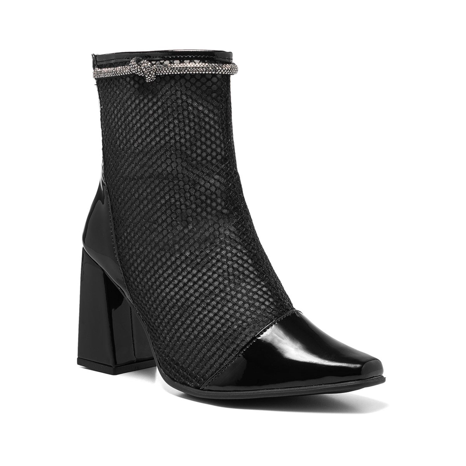 Imagem principal Bota Feminina Stessy Shoes Tela Cano Curto Bico Quadrado Strass Macia Verniz Stessy Shoes preto