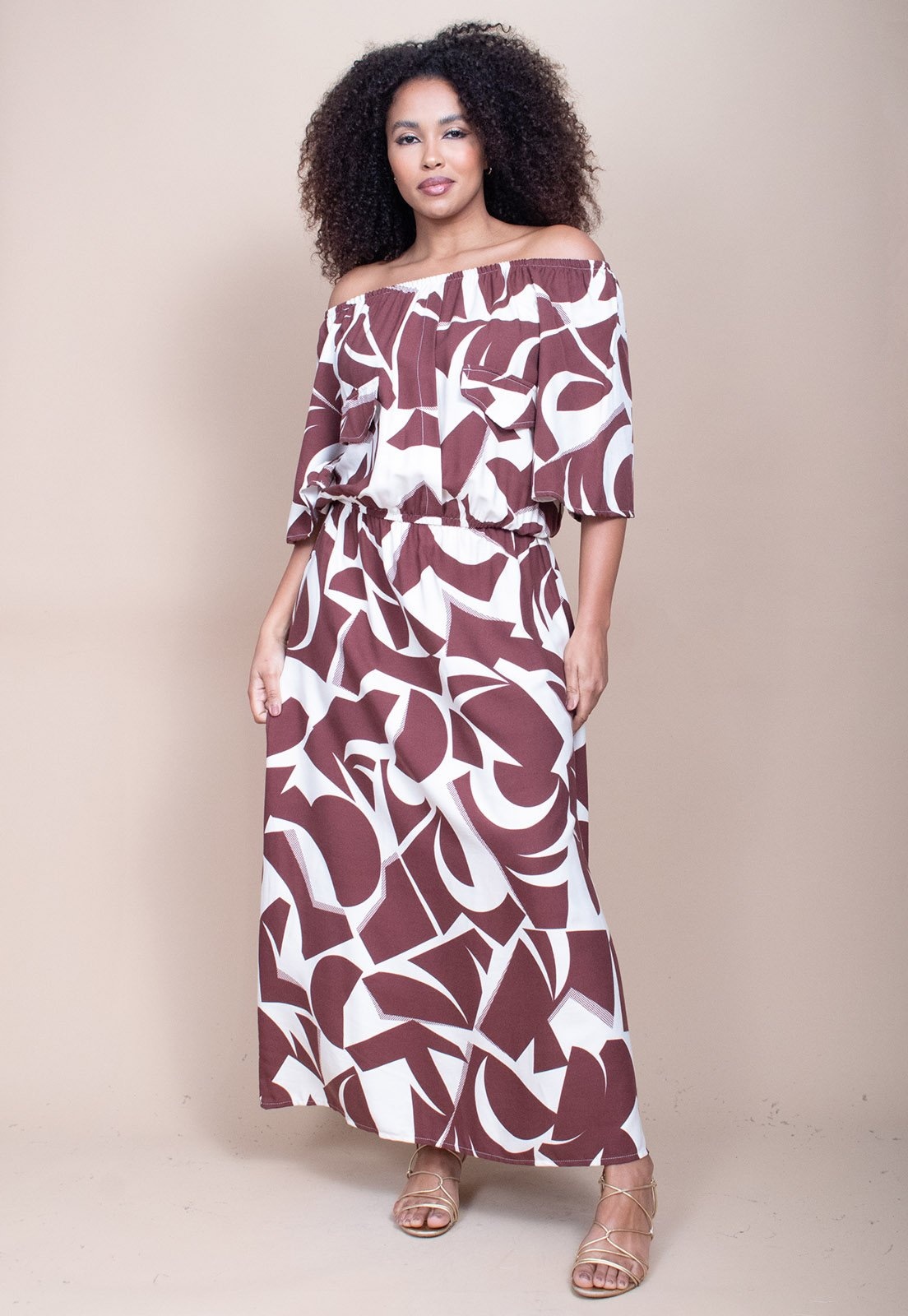 Imagem principal Vestido Midi Cabanafree Ciganinha Viscose com Lapela Estampa Raízes Marrom Cabanafree estampado/off-white