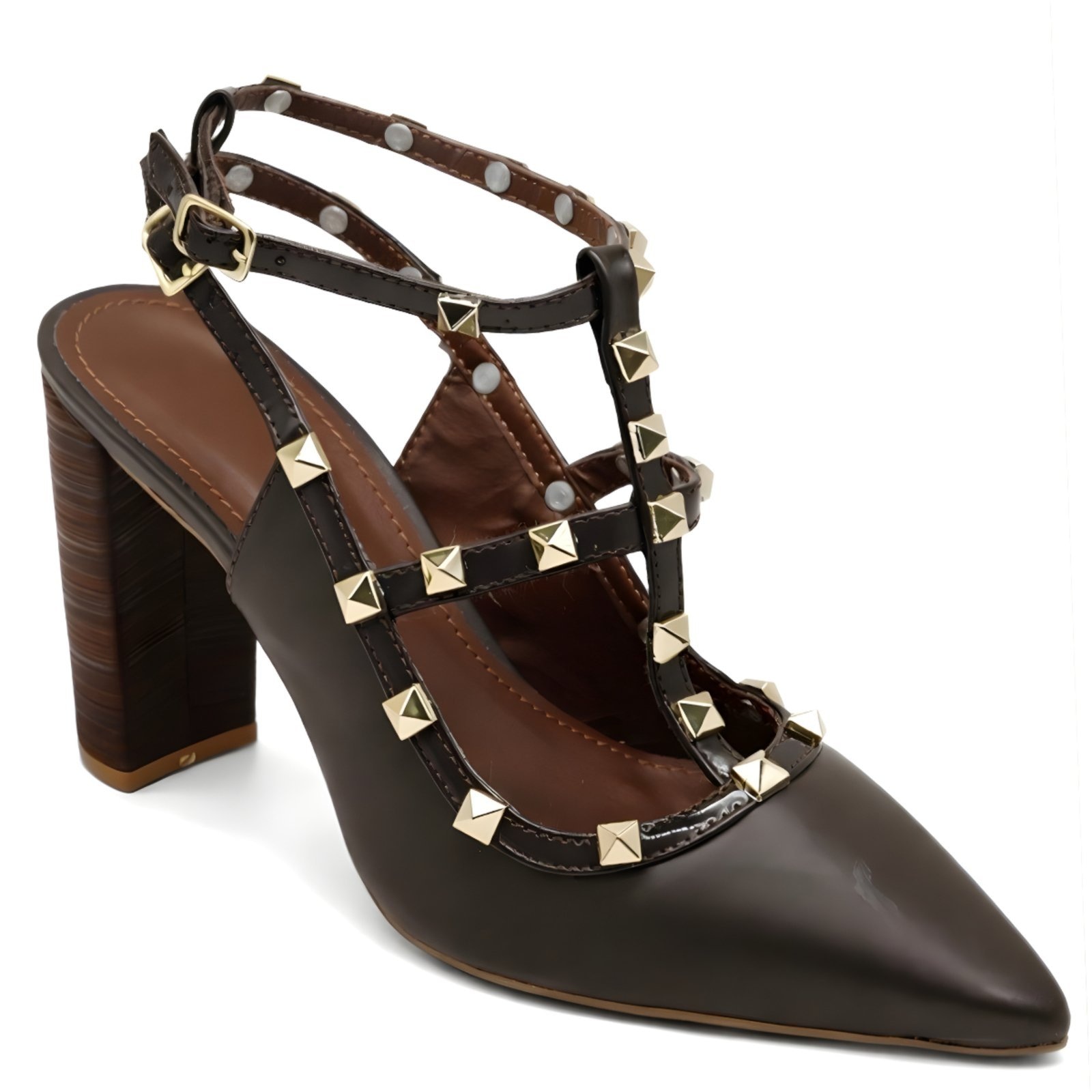 Imagem principal Scarpin Feminino Bico Fino Salto Grosso Piramide Tachas Douradas 5500 Machiatto Flor da Pele marrom