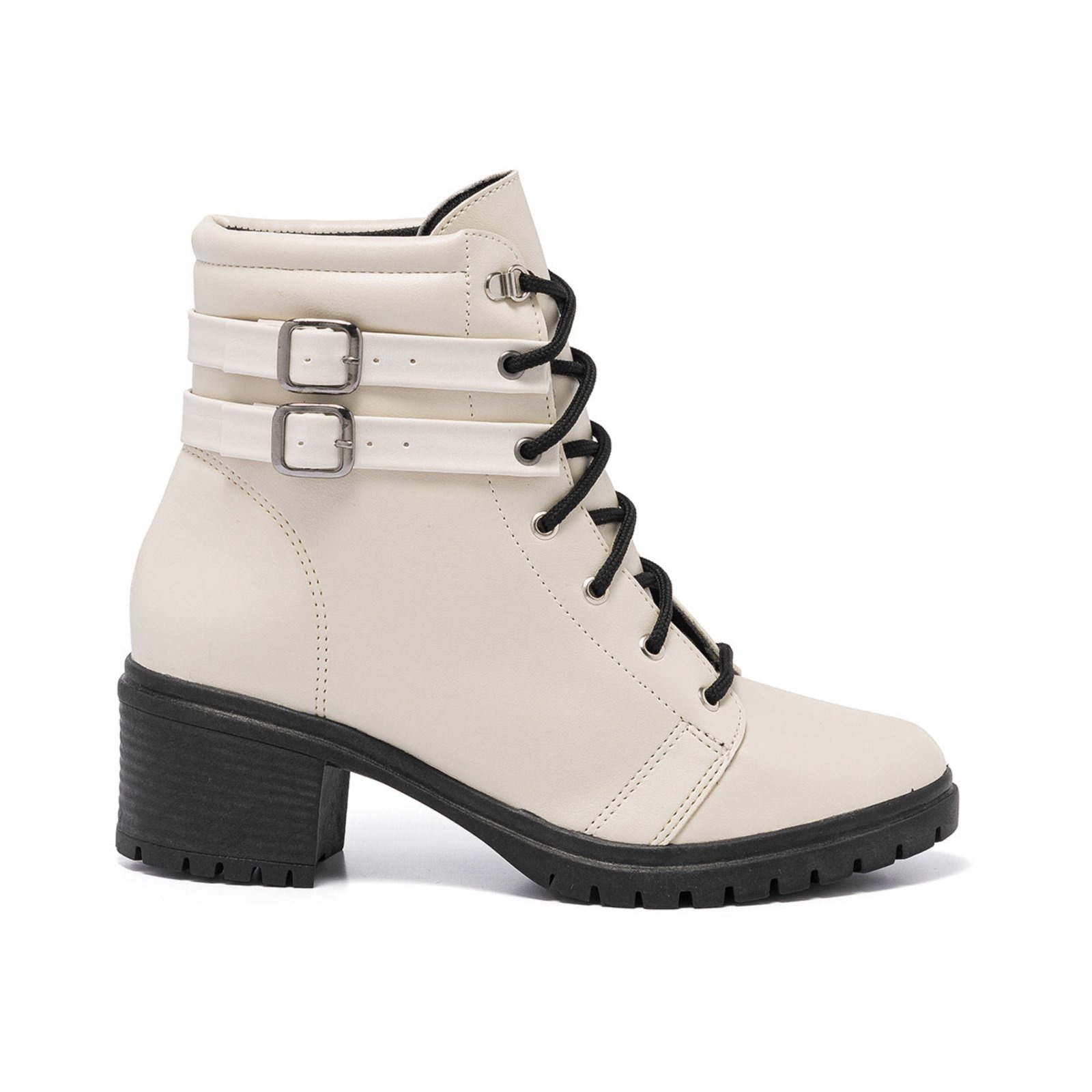 Imagem principal Bota Coturno Feminina Cano Baixo Tratorada Preto Confortável - Fivela Stessy Shoes off-white