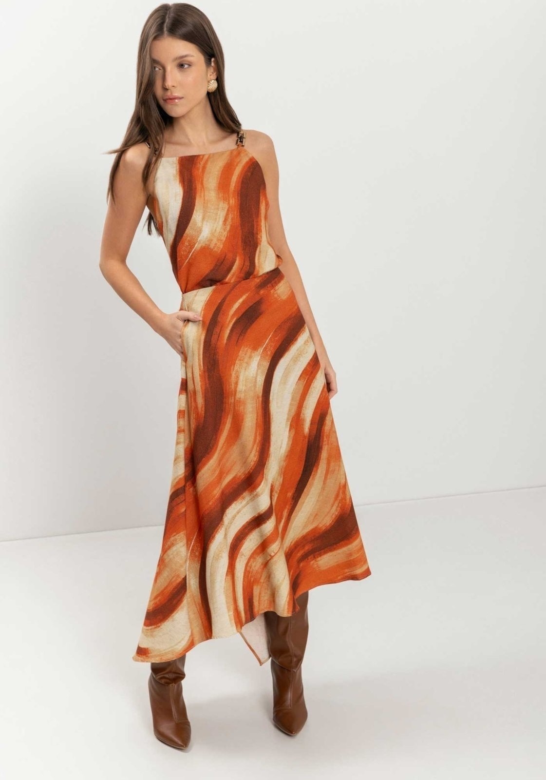 Imagem principal Saia Midi Com Cintura Alta E Bolsos Embutidos Tecido Plano Lez a Lez laranja