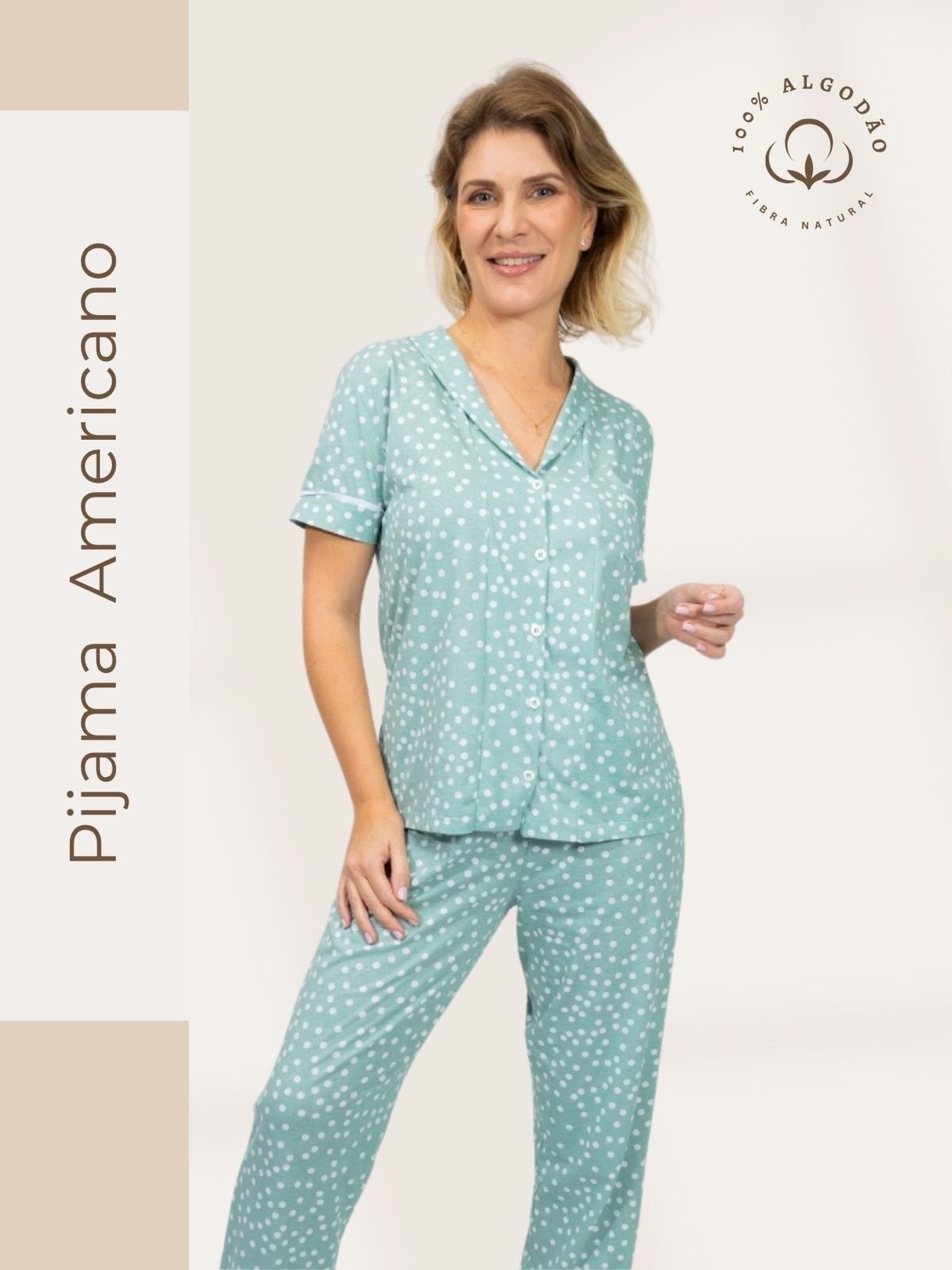 Imagem principal Pijama Algodão Americano Feminino Camisa Manga Curta e Calça Joana Poá Piante verde