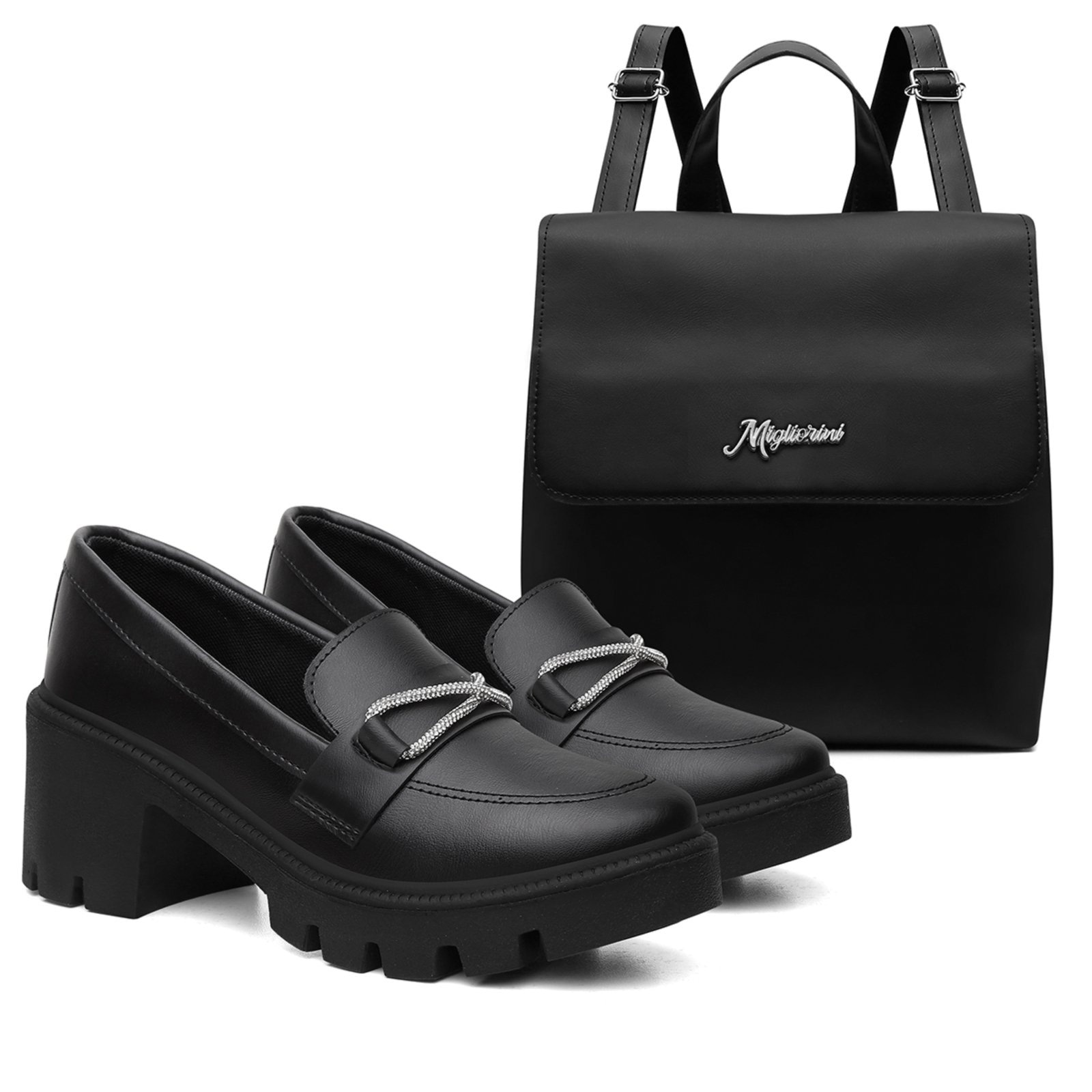 Imagem principal Kit Mocassim Brilho Feminino Tratorado Salto Médio + Mochila MIGLIORINI CALÇADOS preto