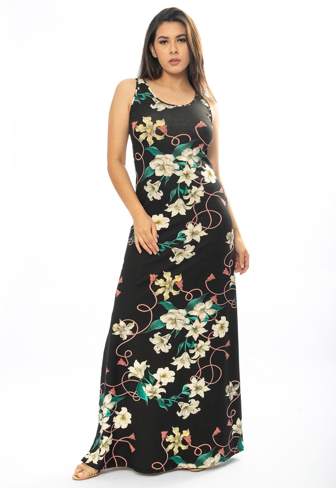 Imagem principal Vestido Longo Cabanafree Butiá Malha Regata Estampa Flores Ébano Cabanafree amarelo/estampado/off-white/verde