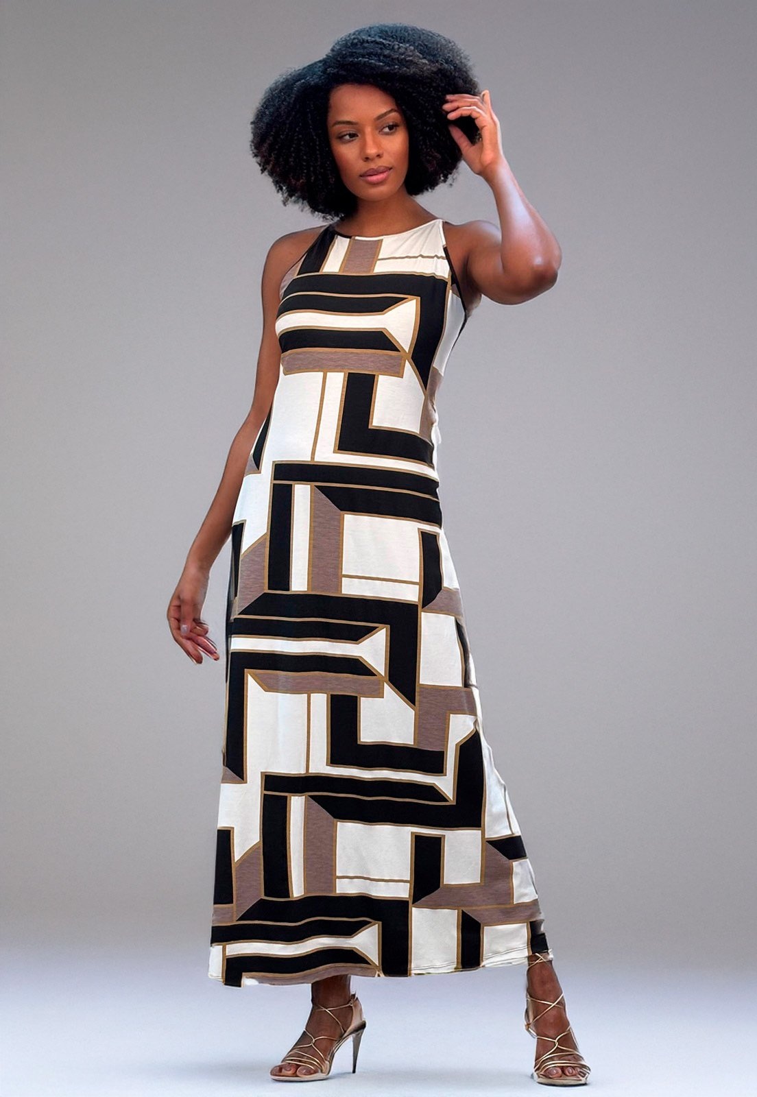 Imagem principal Vestido Longo Cabanafree Malha Trapézio Estampa Igaci Cabanafree estampado/marrom/preto