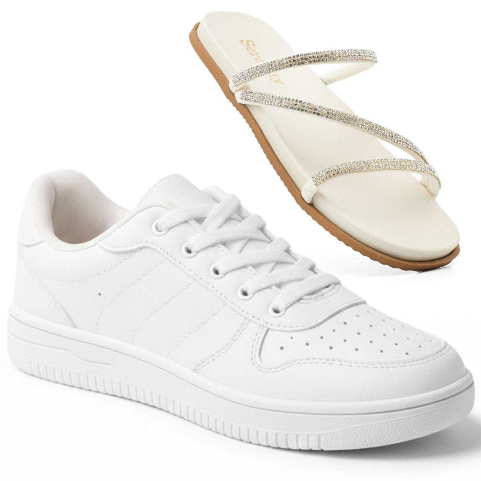 Imagem principal Papete Feminina Sandália Kit Com Tênis Sneakers Feminino Cano Baixo Versátil Sapatofran branco/off-white/prata