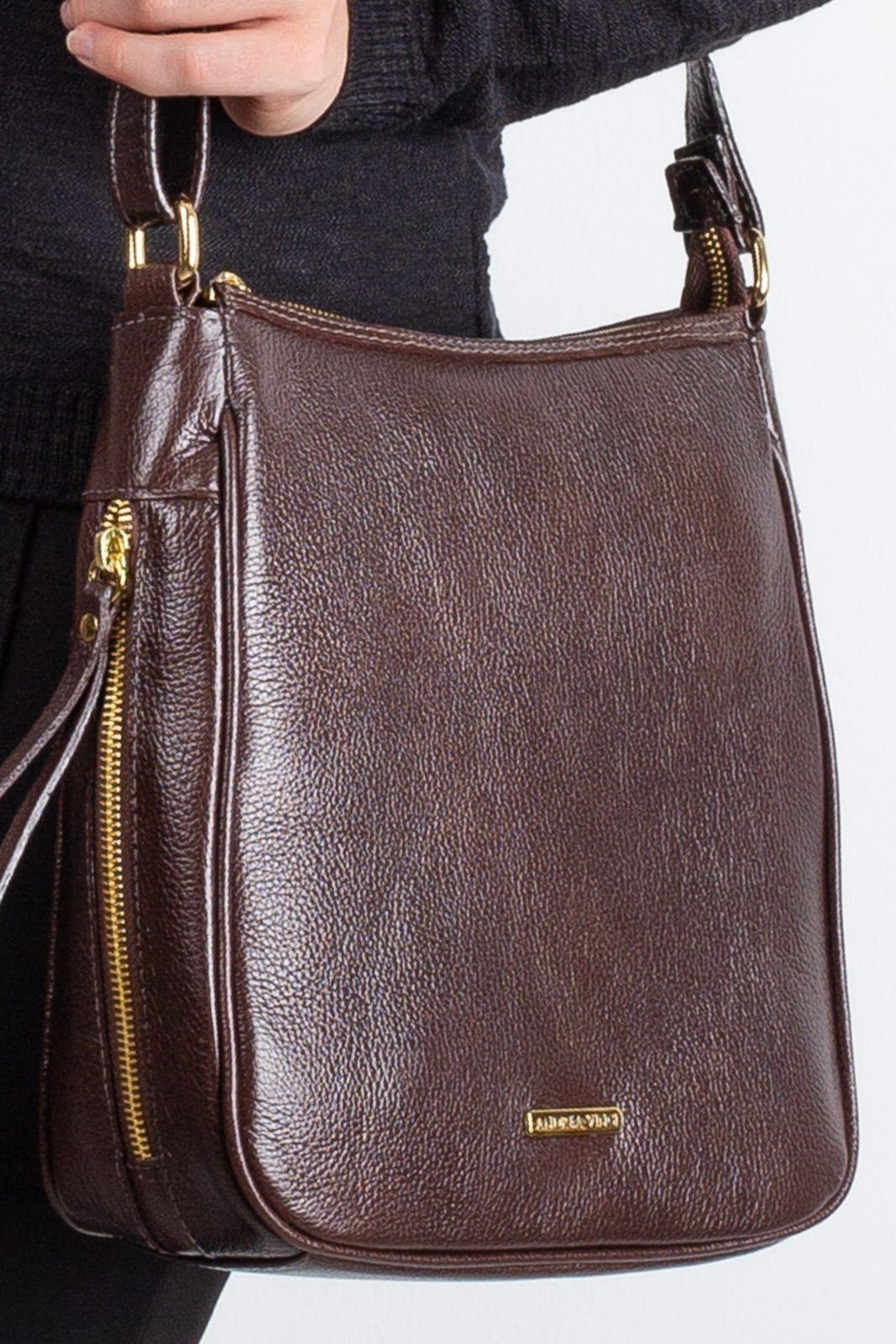 Imagem principal Bolsa tiracolo de couro liso Camila - Café Andrea Vinci caramelo