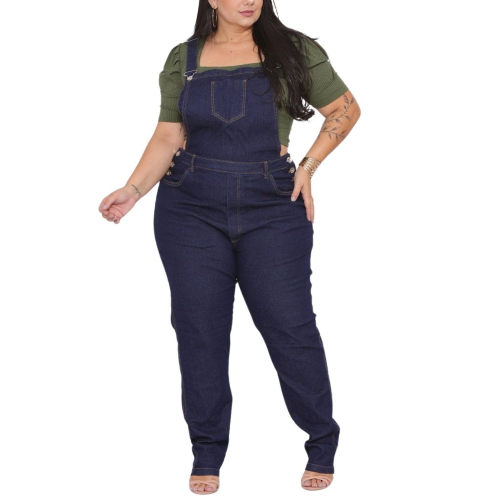Imagem principal Macacão Jardineira Feminino Azulão Plus Size Alleppo Jeans azul marinho