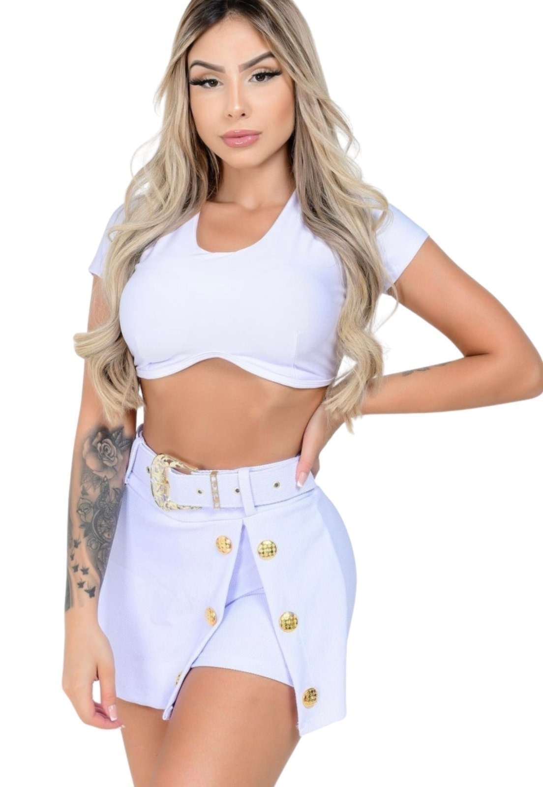 Imagem principal Shorts saia Friso Summer Body Feminino Malha Pop Curto Cinto Fivela e botões dourado Summer Body branco