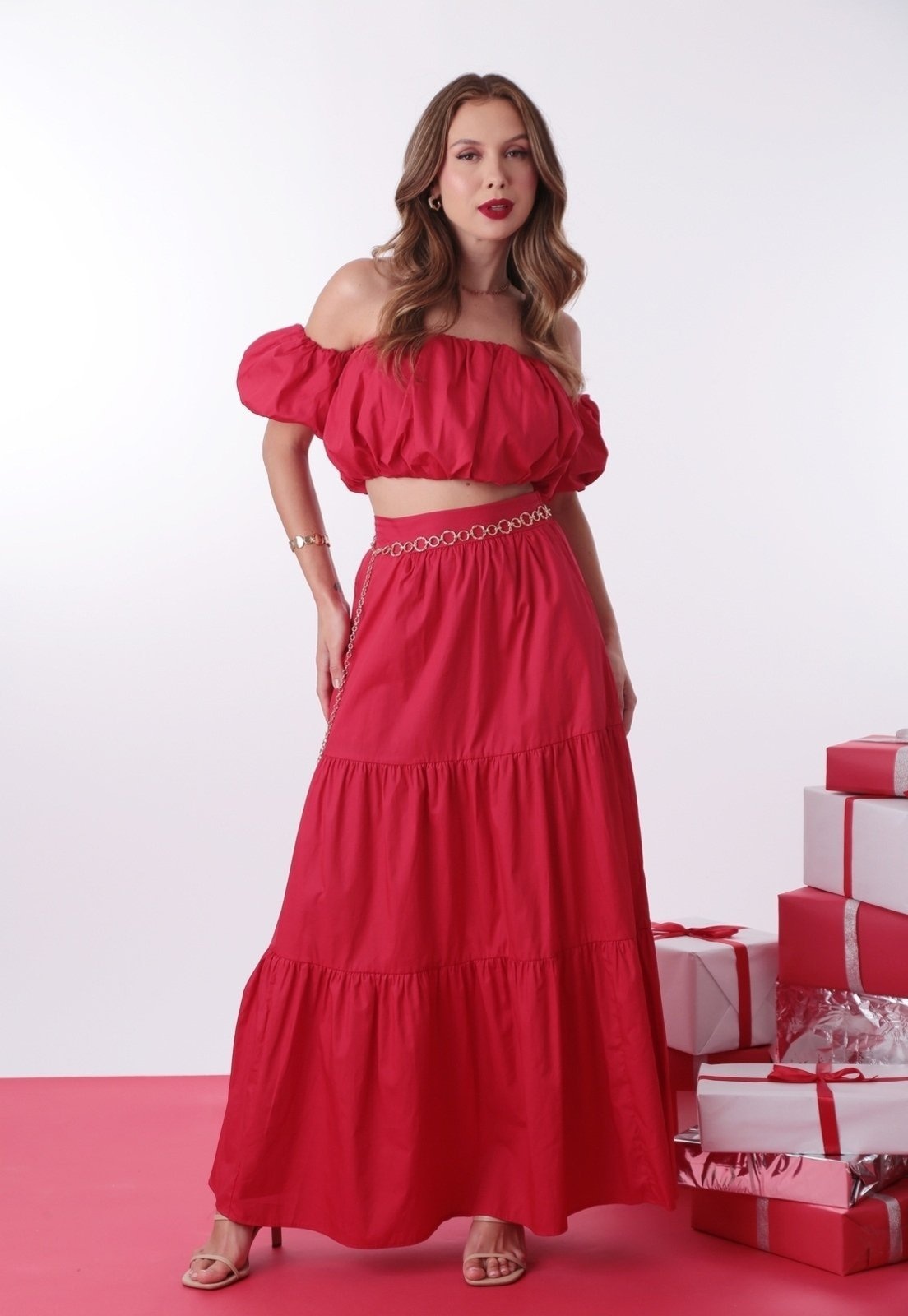 Imagem principal Saia Longa Pop Me Em Tricoline Com Recortes Pop Me vermelho