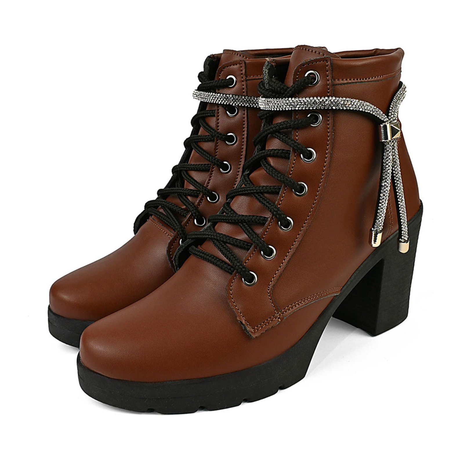 Imagem principal Coturno Feminino Bota Salto Alto Donatella Shoes Plataforma Terra Brilho Strass Cadarço Enfeite Removível Novo Donatella Shoes marrom