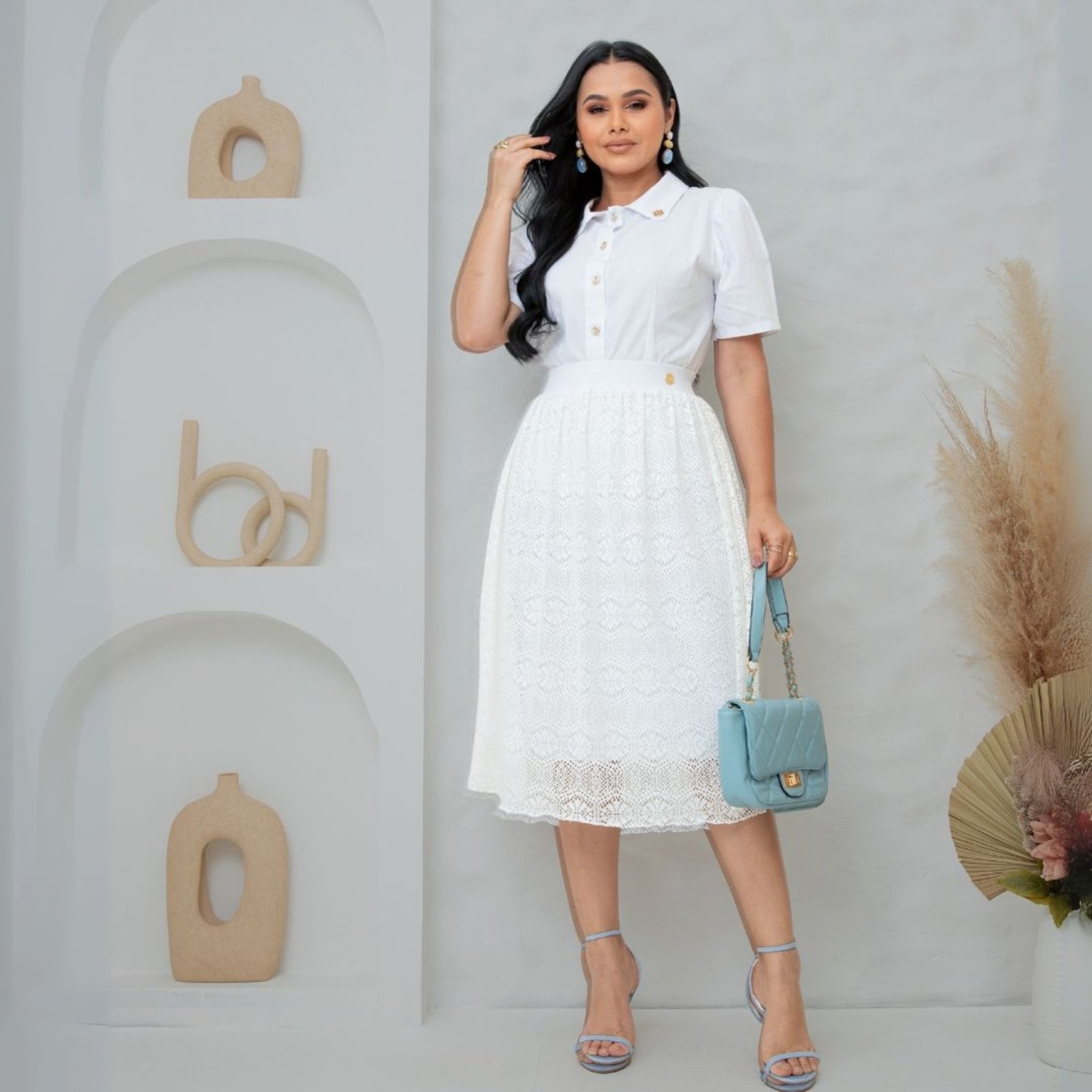 Imagem principal Saia Godê Midi de Renda Evangelica Moda Modesta - REF: Isa Bar Sons Fashion branco