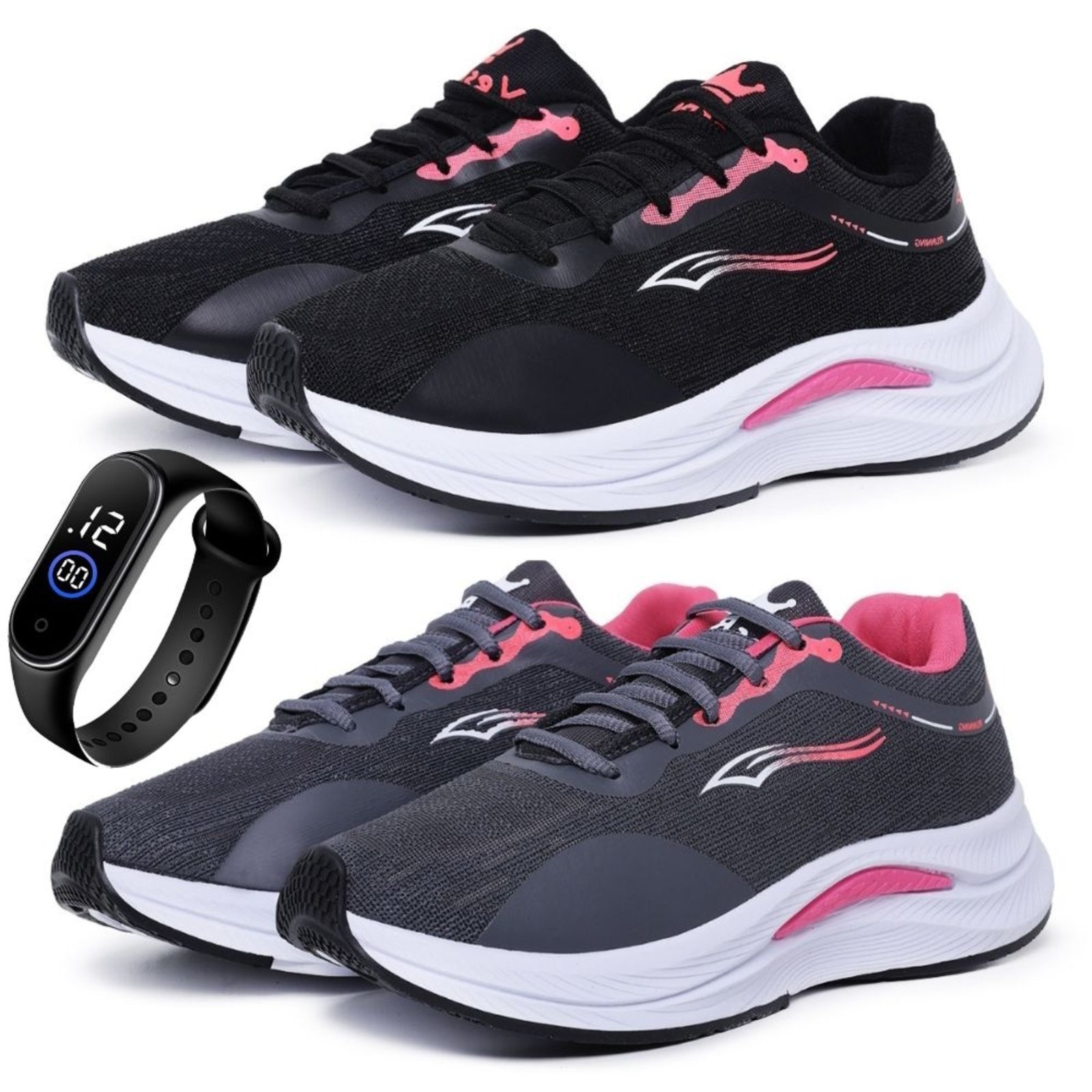 Imagem principal Kit 2 Tênis BIa Ramos Esportivo Caminhada Academia Feminino Confortavel e Grafite + Relógio Bia Ramos preto