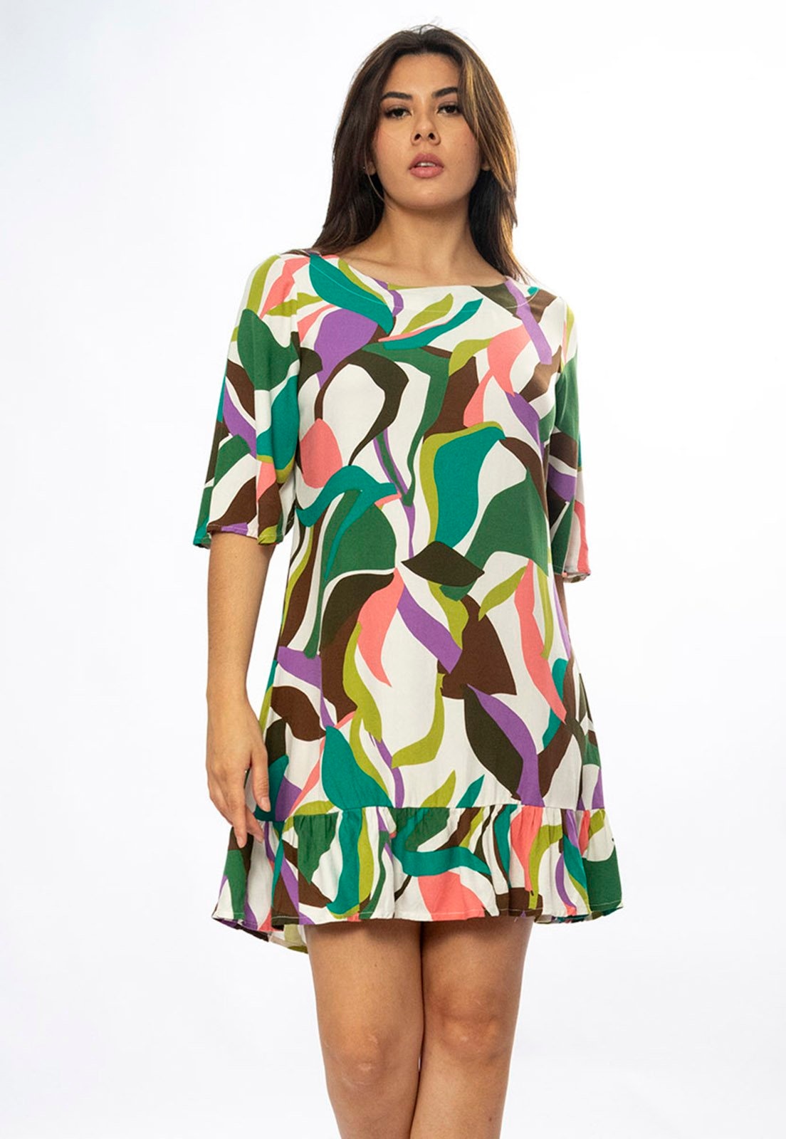 Imagem principal Vestido Curto Viscose Estampa Encanto Botânico Cabanafree azul/estampado/marrom/roxo/verde