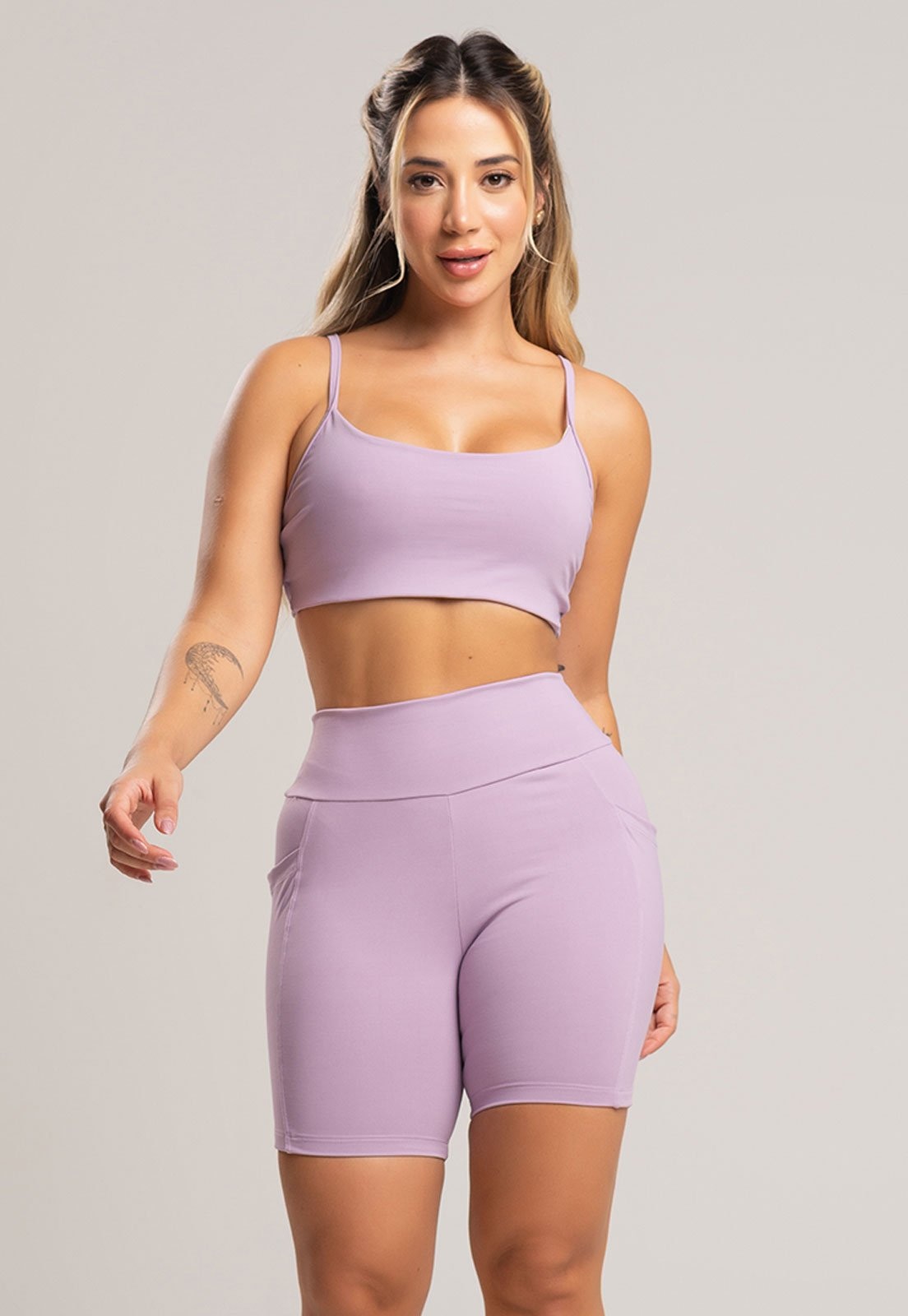 Imagem principal Short Fitness MVB Modas Bolsos Cintura Alta Feminina Poliamida Lavanda Mvb Modas lilás lavanda