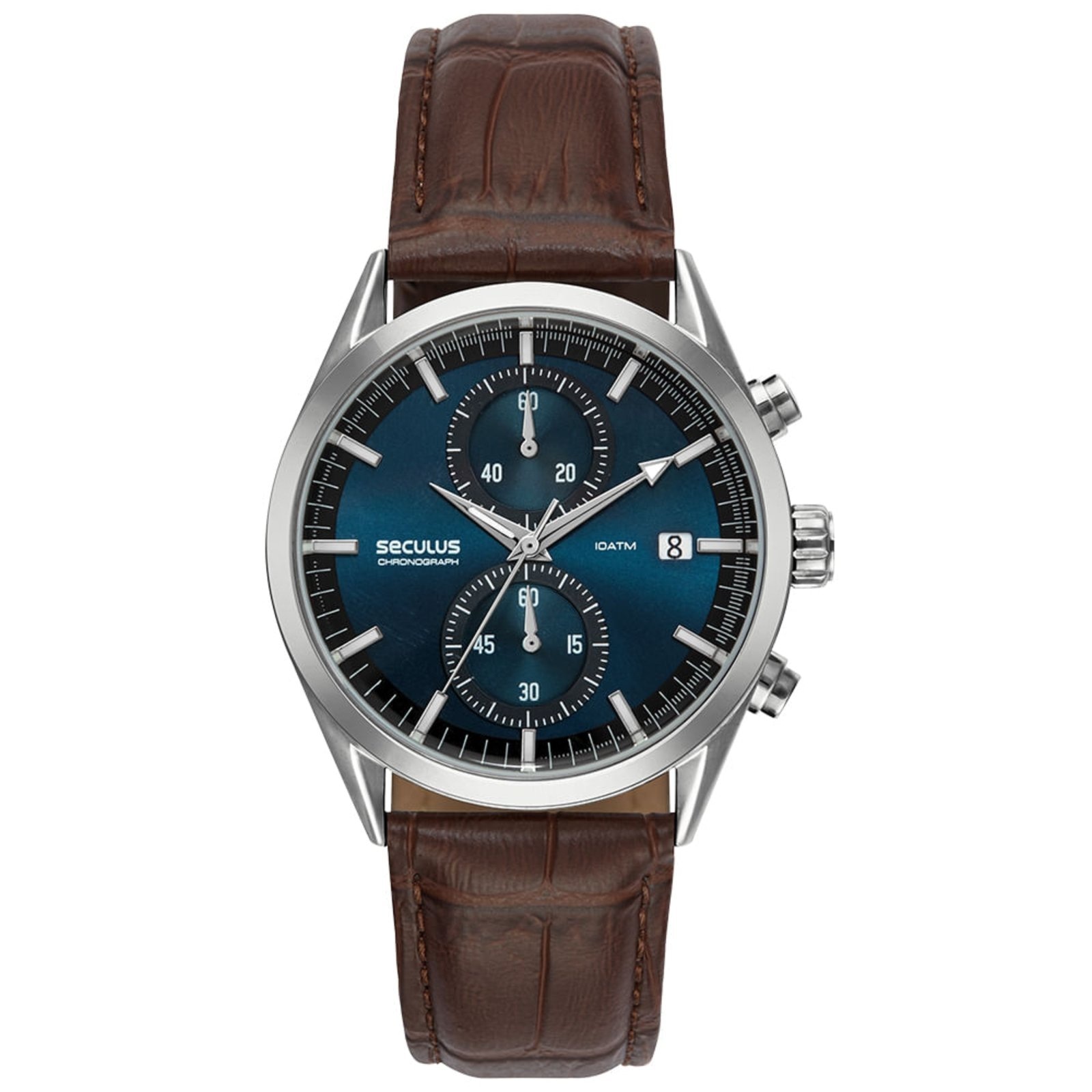Imagem principal Relógio Masculino Cronógrafo Vidro Abaulado Couro Prata Seculus marrom