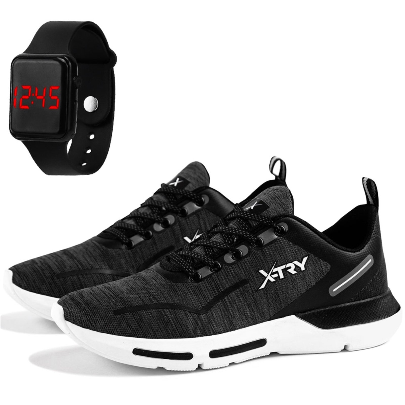 Imagem principal Kit Tênis Masculino Esportivo Running Macio Treino com Relógio Digital Sapatofran branco/preto