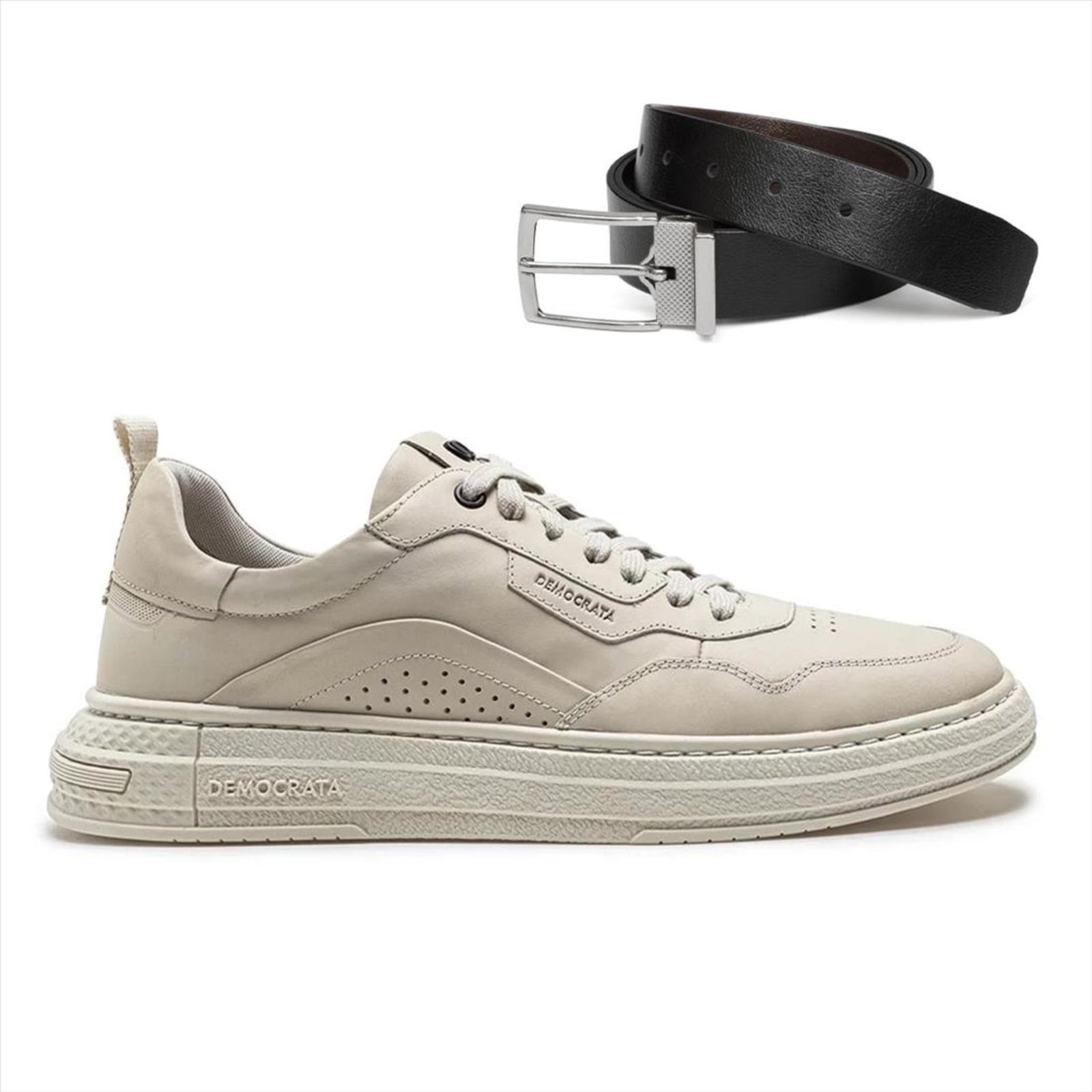 Imagem principal Tênis Couro Democrata Masculino Denim Jake 240201 + Cinto Dupla Face DEMOCRATA bege denim