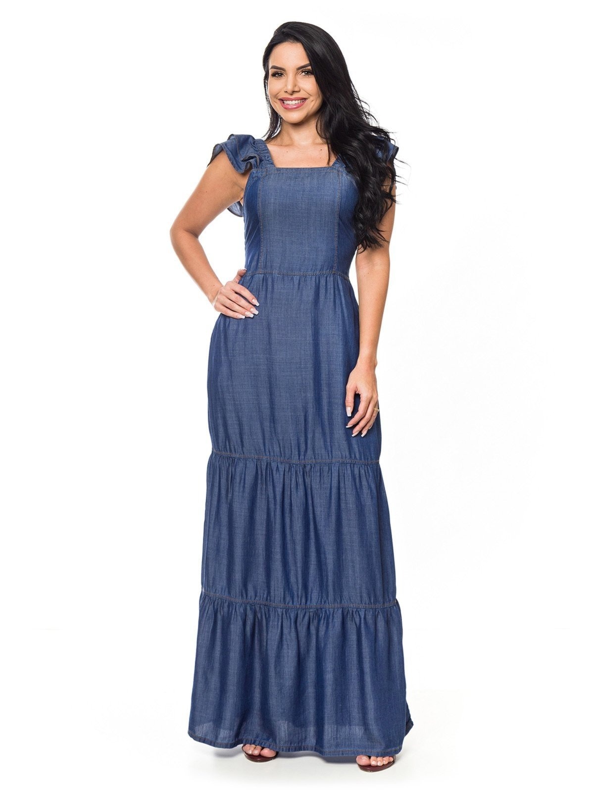 Imagem principal Vestido Longo Restrito Jeans Liocel com Lastex ESCURO Restrito Jeans azul