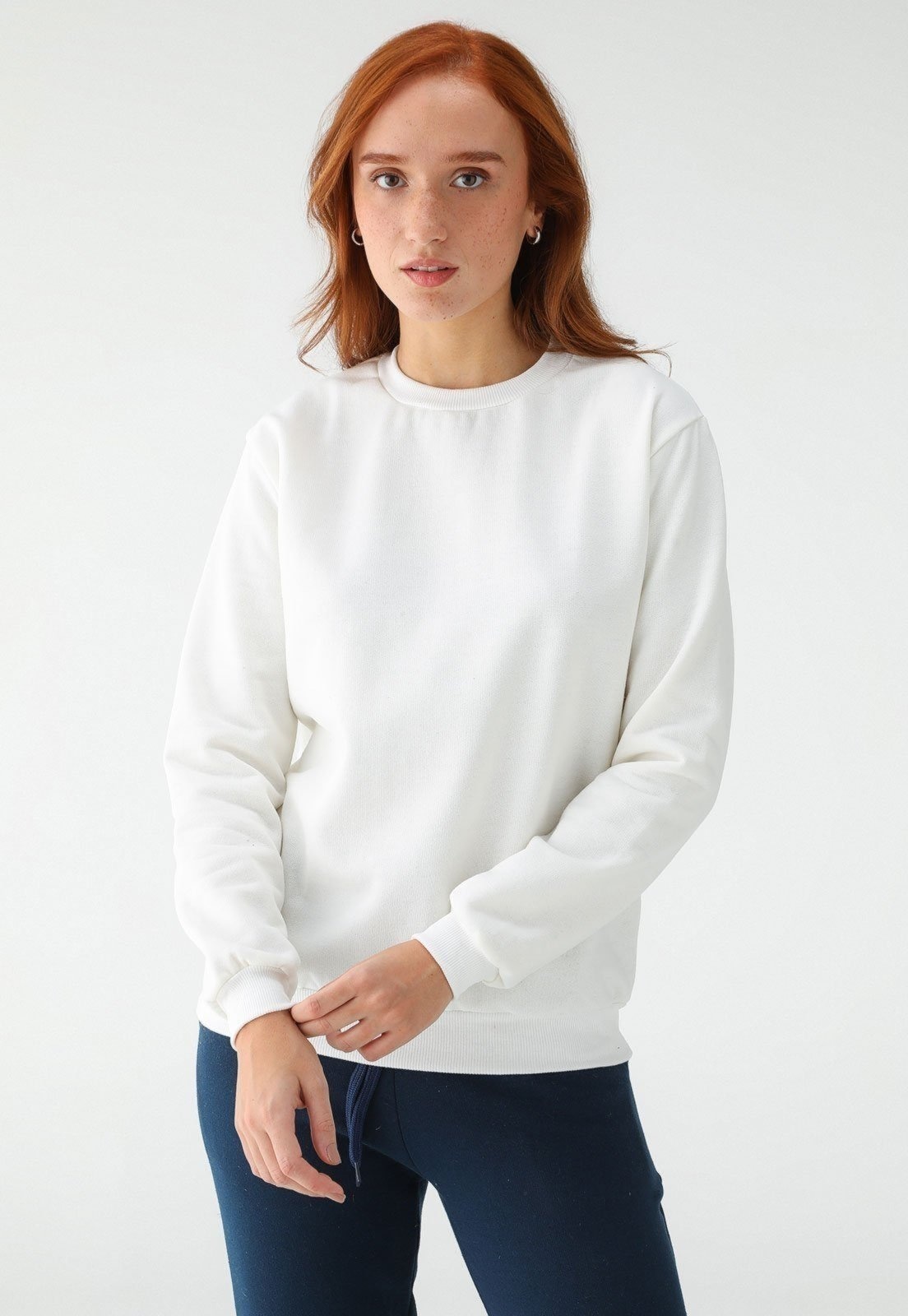 Imagem principal Blusa de Frio Moletom Feminino Flanelado Benellys Liso Gola Redonda Off White Benellys branco white