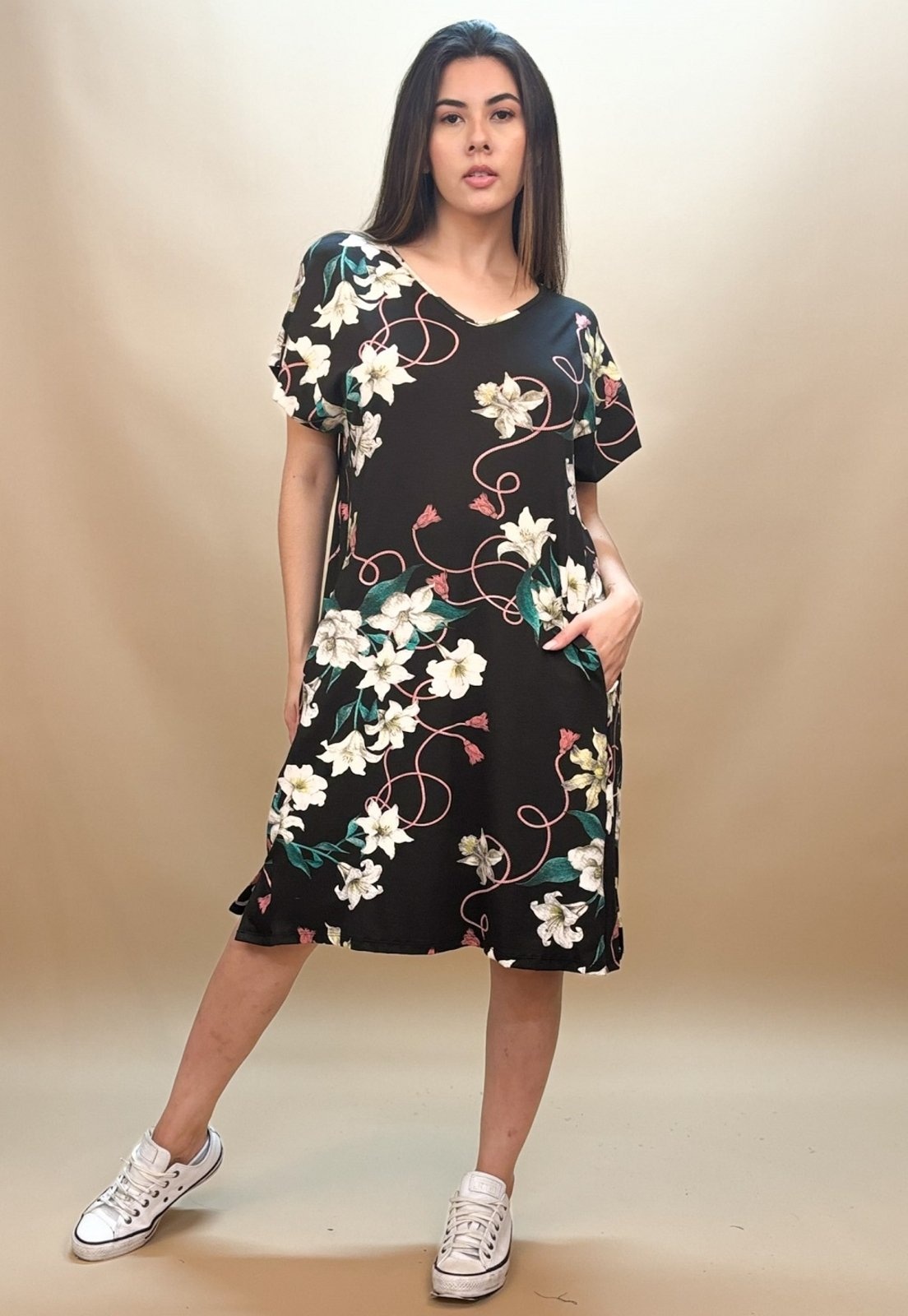 Imagem principal Vestido Curto Nheengatu Malha Estampa Cabanafree floral/preto